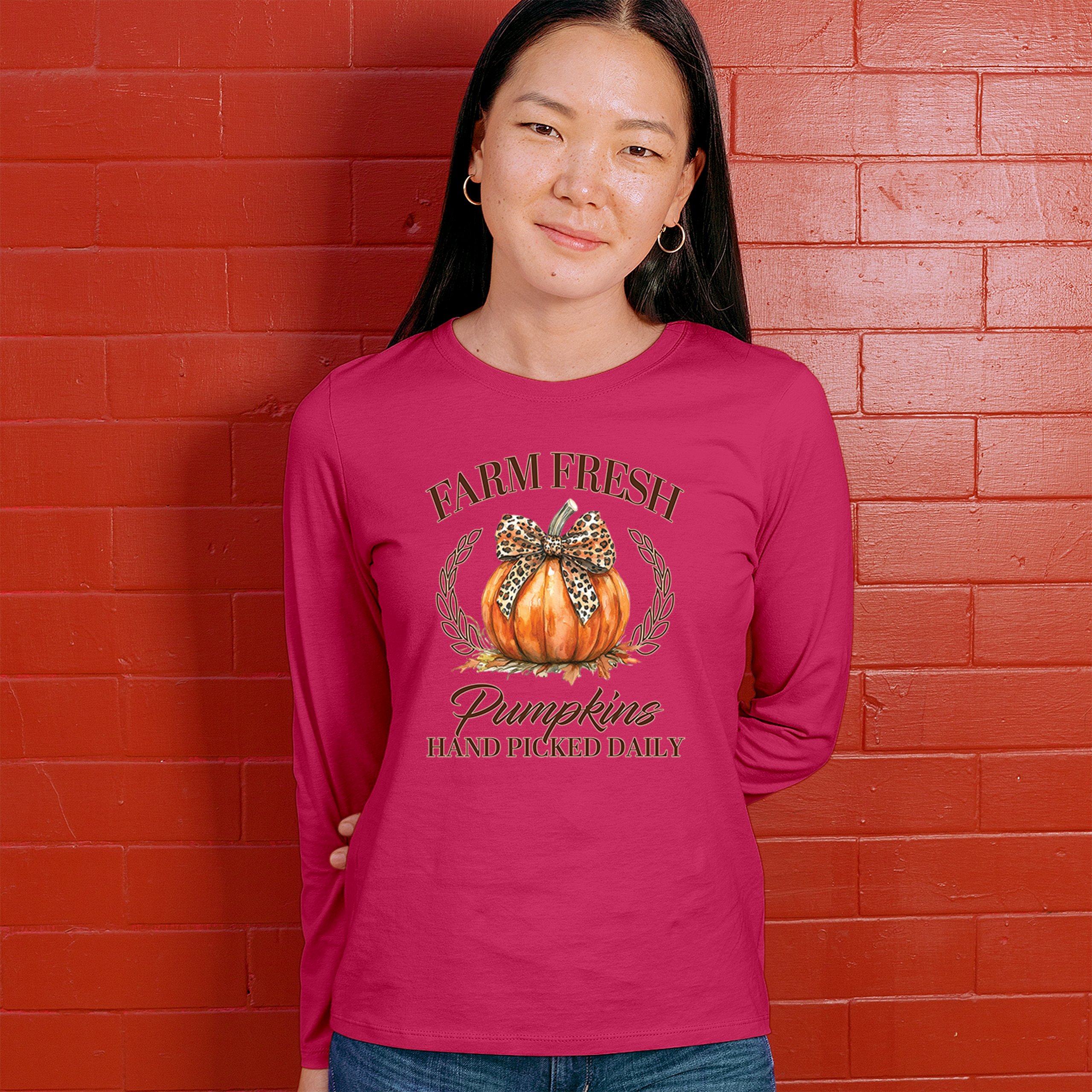 Farm Fresh Pumpkins Women's Long Sleeve T-shirt Fall Cozy Thanksgiving Cute - Picture 47 of 50