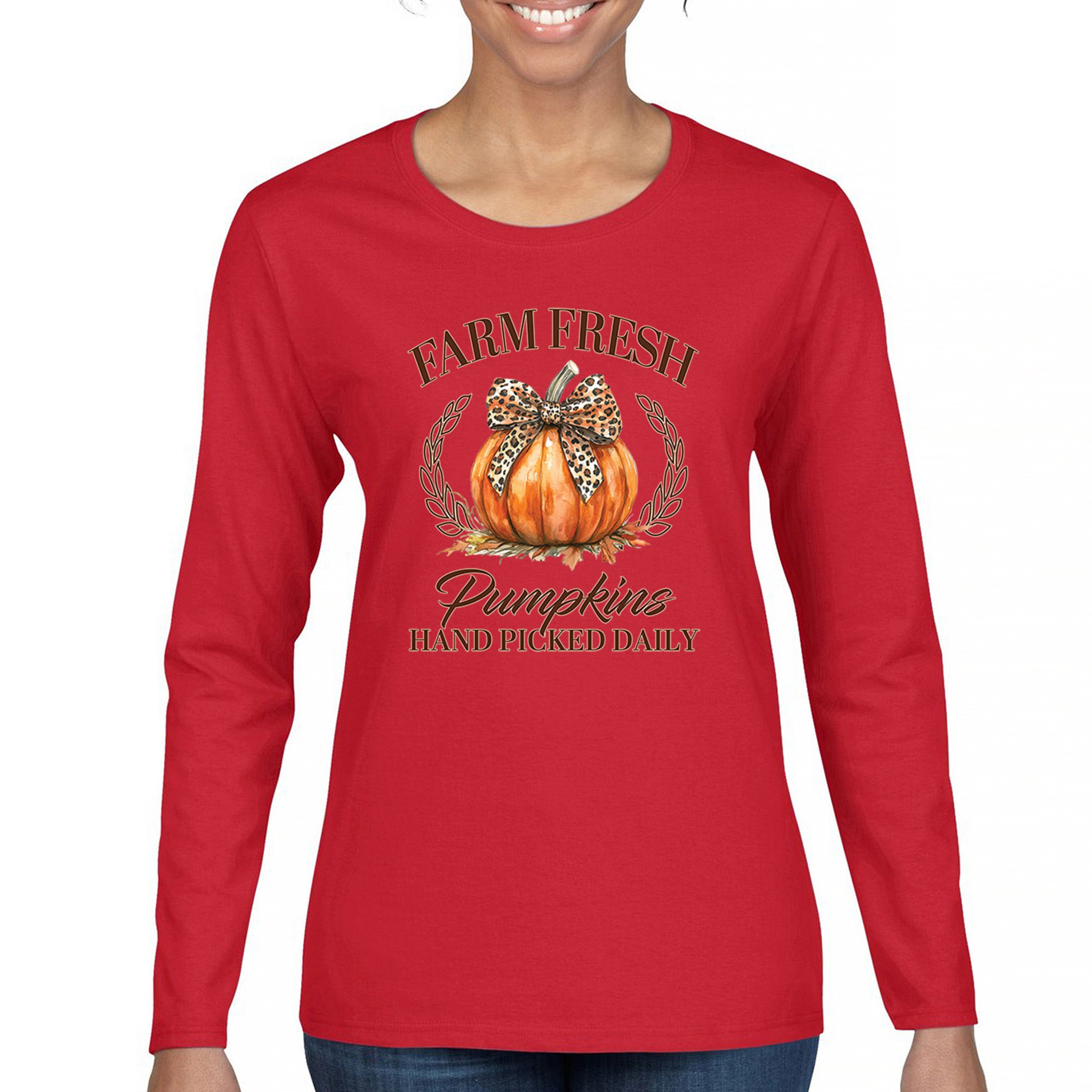 Farm Fresh Pumpkins Women's Long Sleeve T-shirt Fall Cozy Thanksgiving Cute - Picture 23 of 50