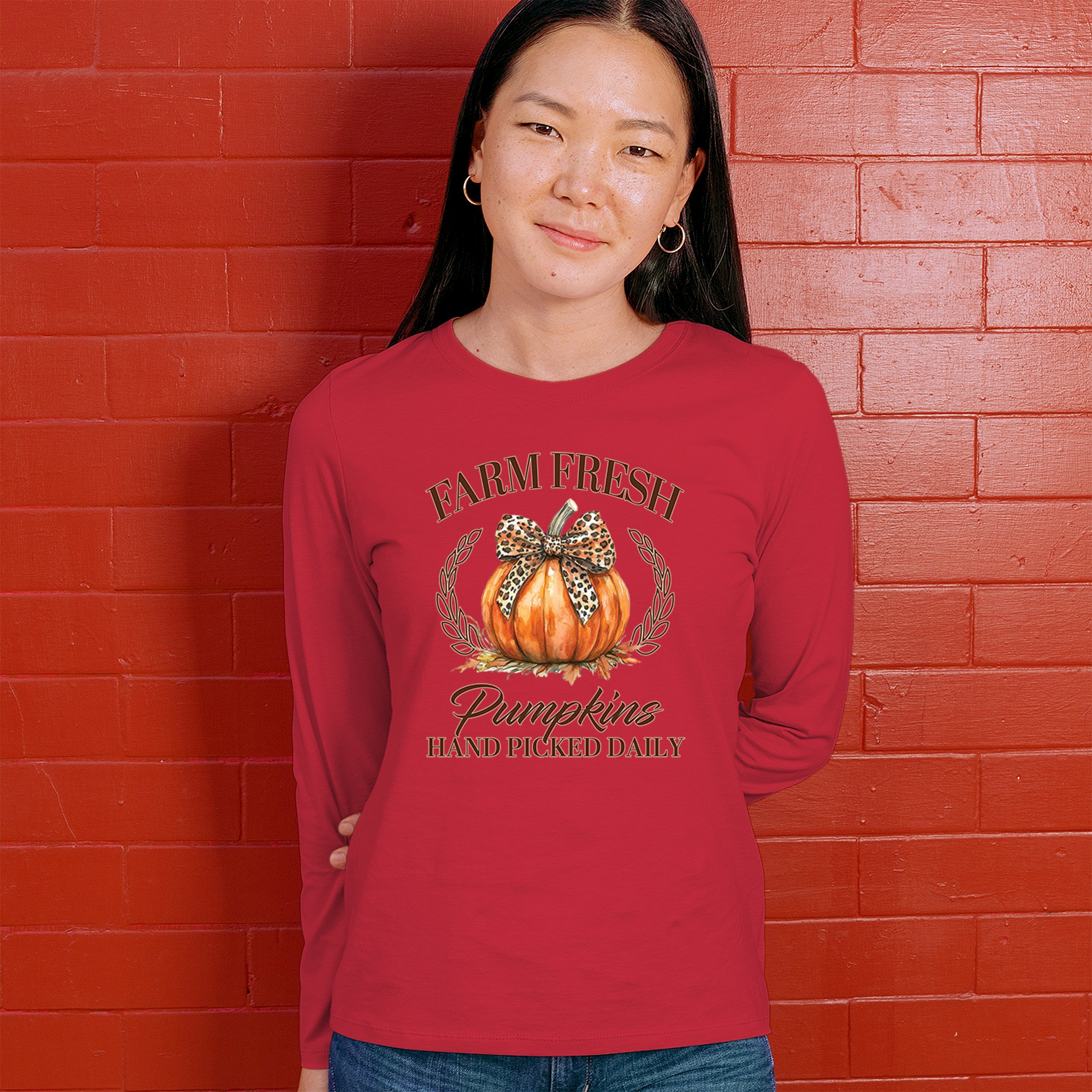 Farm Fresh Pumpkins Women's Long Sleeve T-shirt Fall Cozy Thanksgiving Cute - Picture 26 of 50