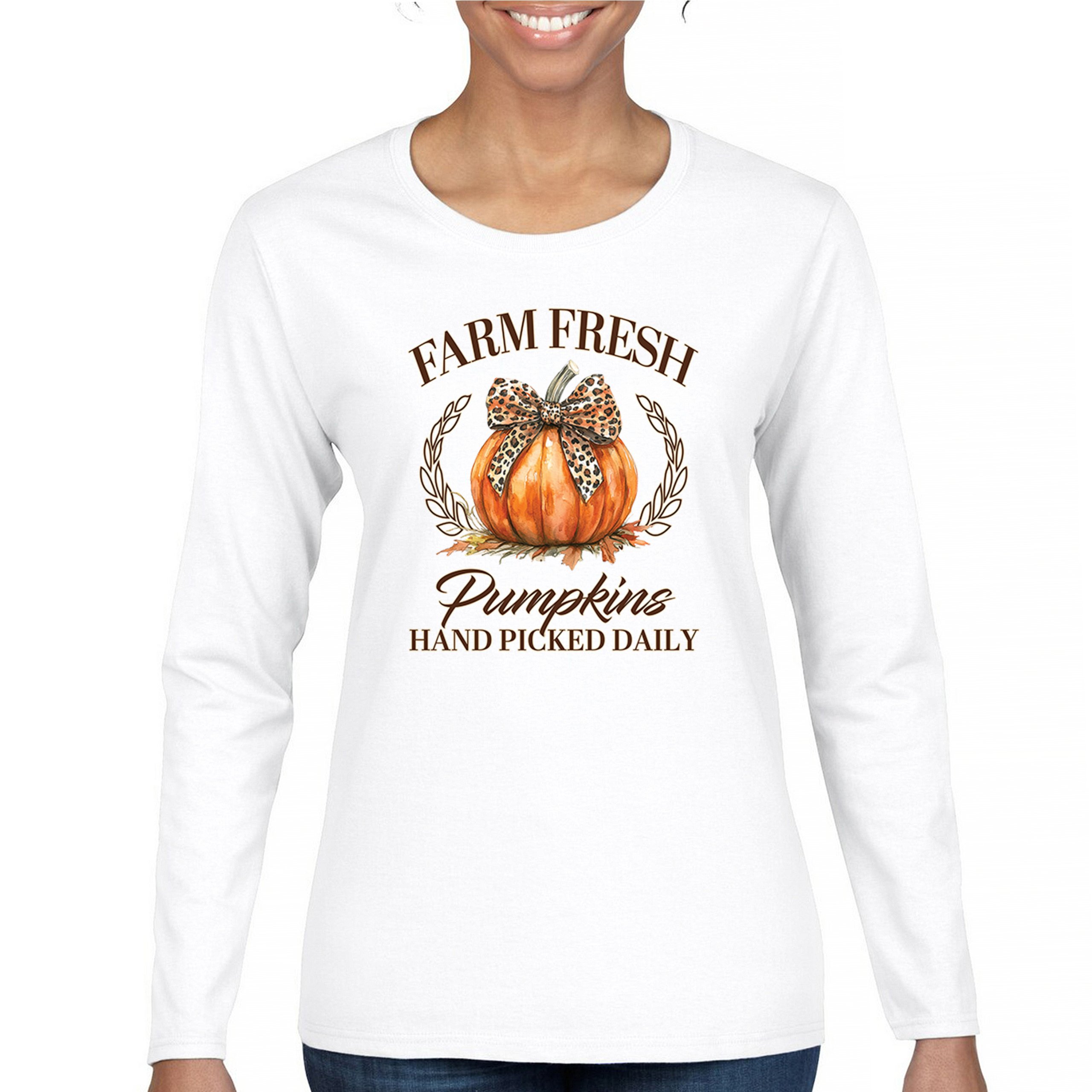 Farm Fresh Pumpkins Women's Long Sleeve T-shirt Fall Cozy Thanksgiving Cute - Picture 2 of 50