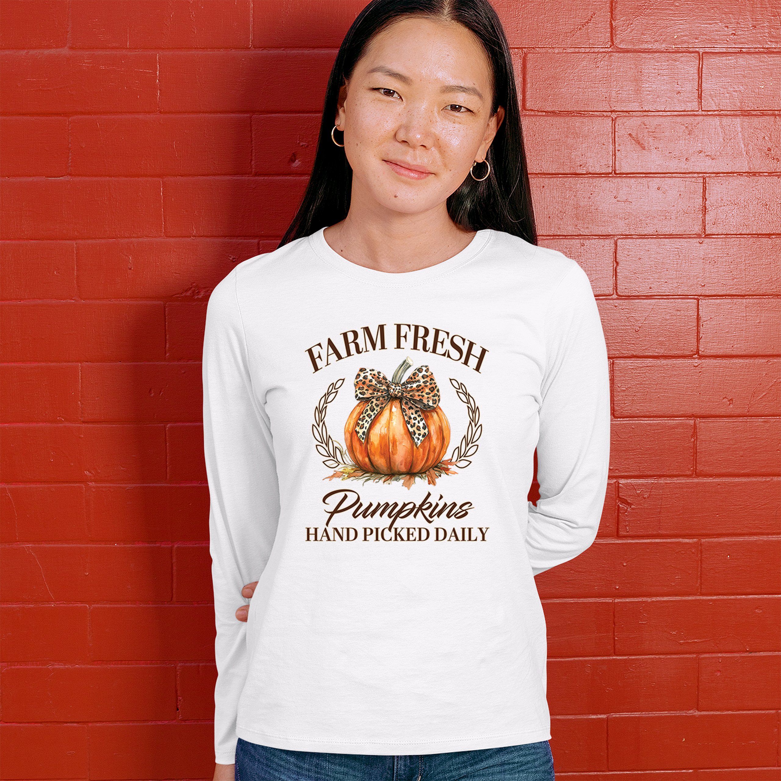 Farm Fresh Pumpkins Women's Long Sleeve T-shirt Fall Cozy Thanksgiving Cute - Picture 5 of 50