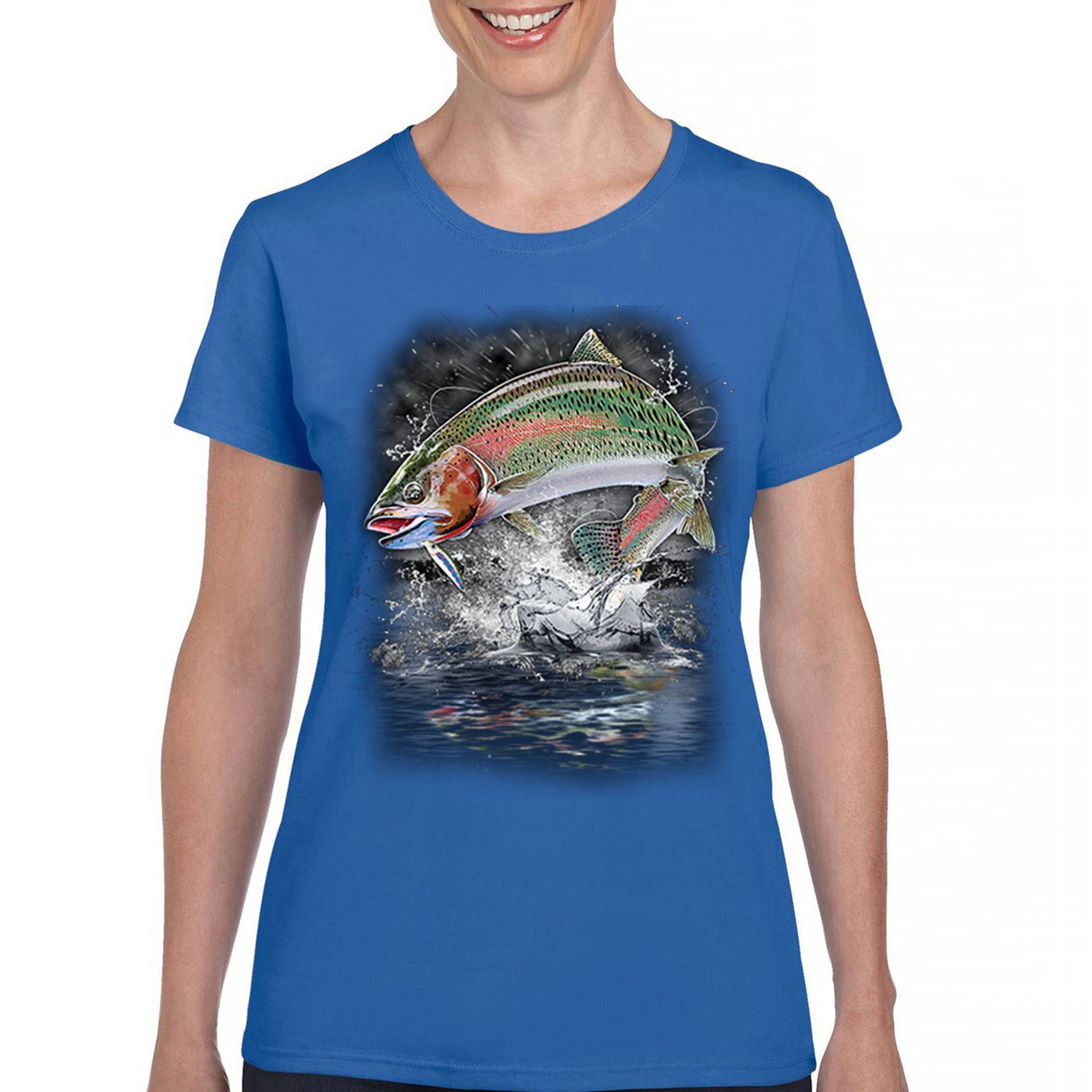 Jumping Rainbow Trout T-Shirt Freshwater Fly Fishing Fisherman Lure Women’s Tee