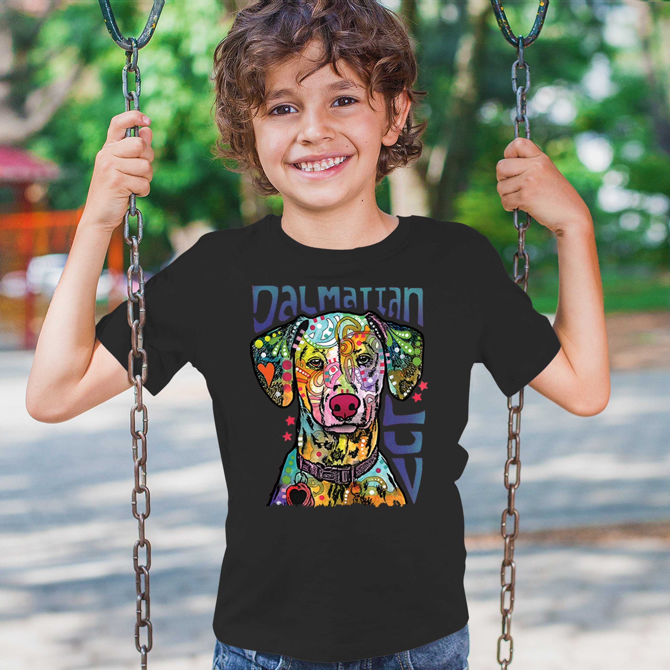 Dean Russo Dalmatian Luv Colorful Dog Youth T-shirt Neon Puppy Lover Kids - Picture 5 of 50
