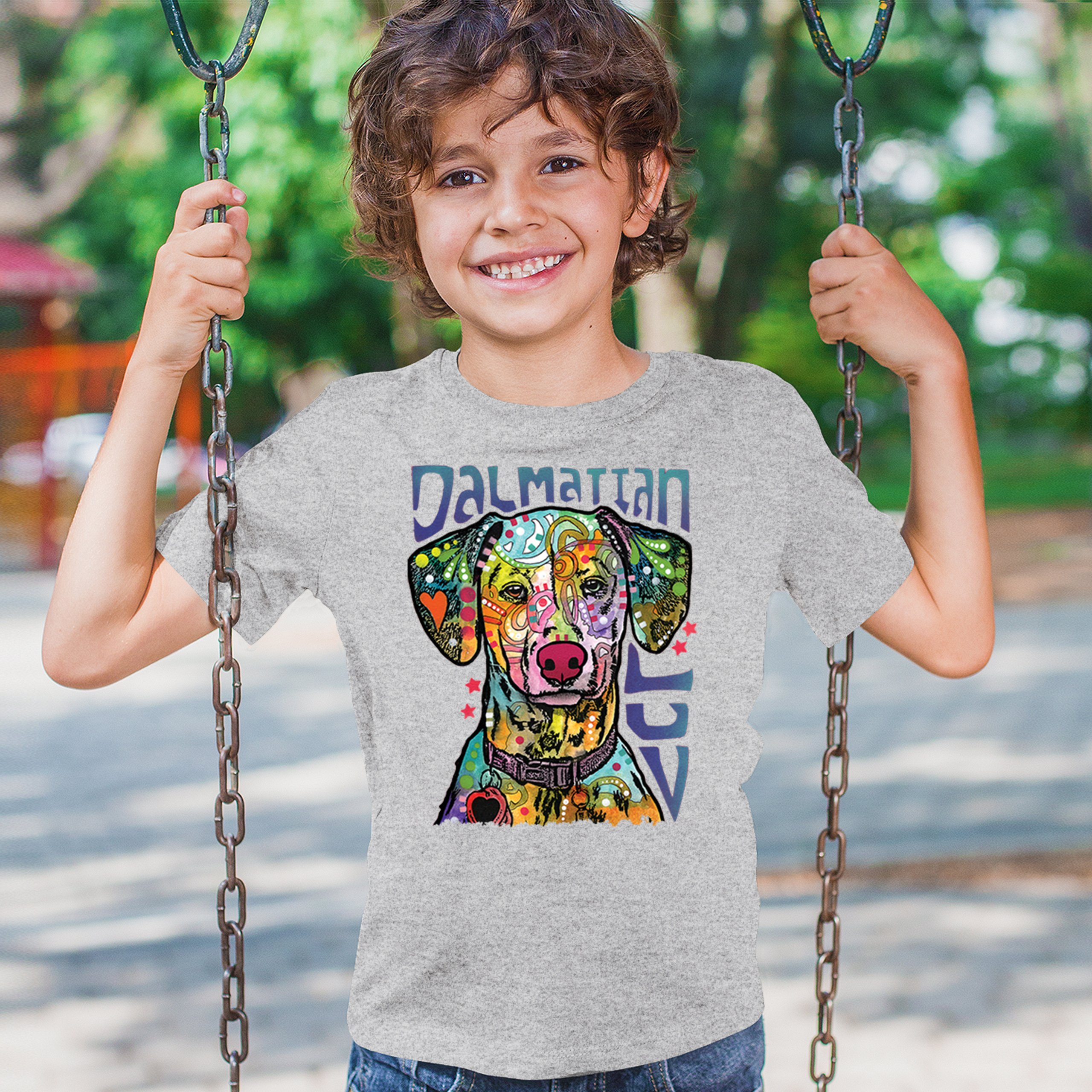 Dean Russo Dalmatian Luv Colorful Dog Youth T-shirt Neon Puppy Lover Kids - Picture 12 of 50