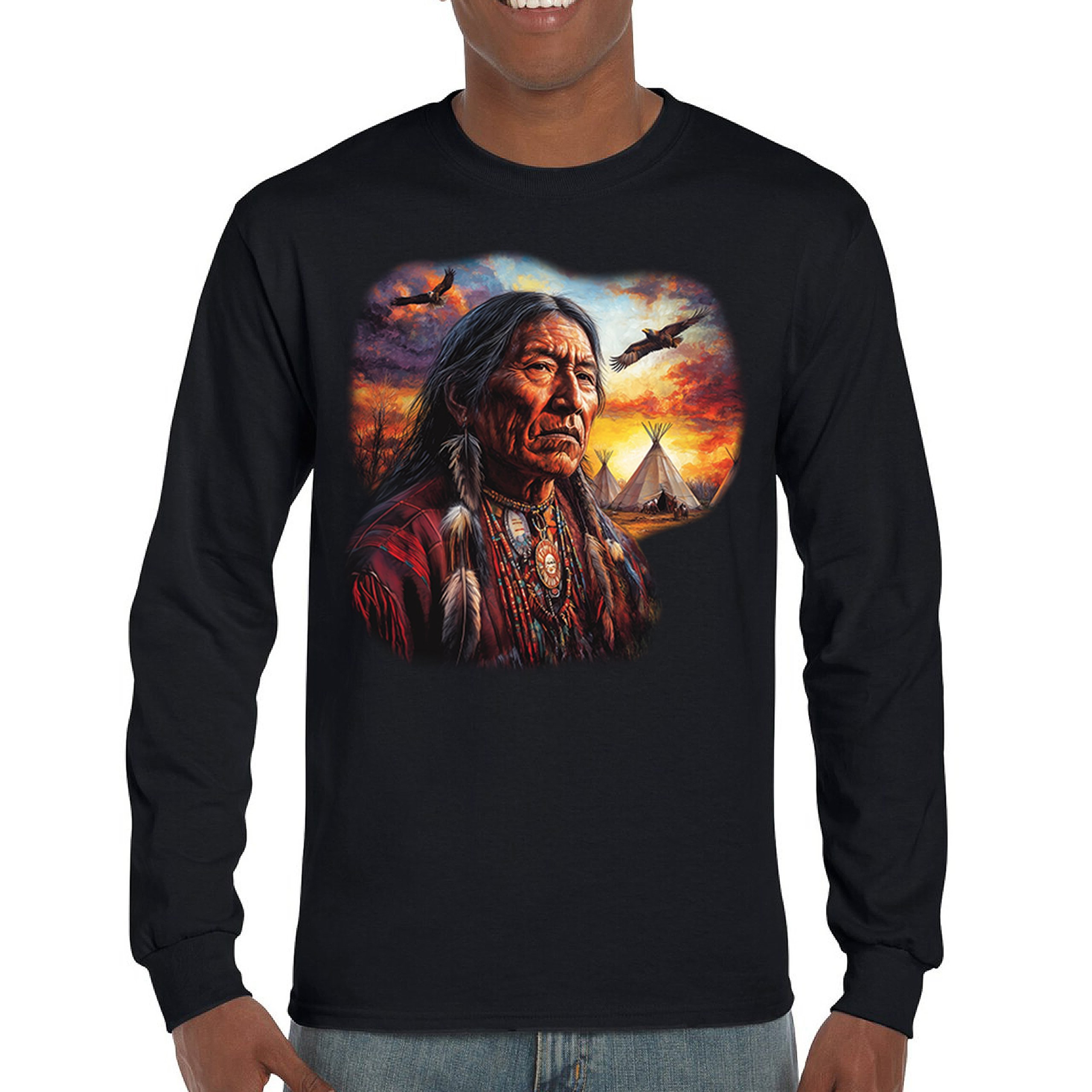 Native American Village Chief Long Sleeve T-shirt Tribal Warrior Spirit Sunset