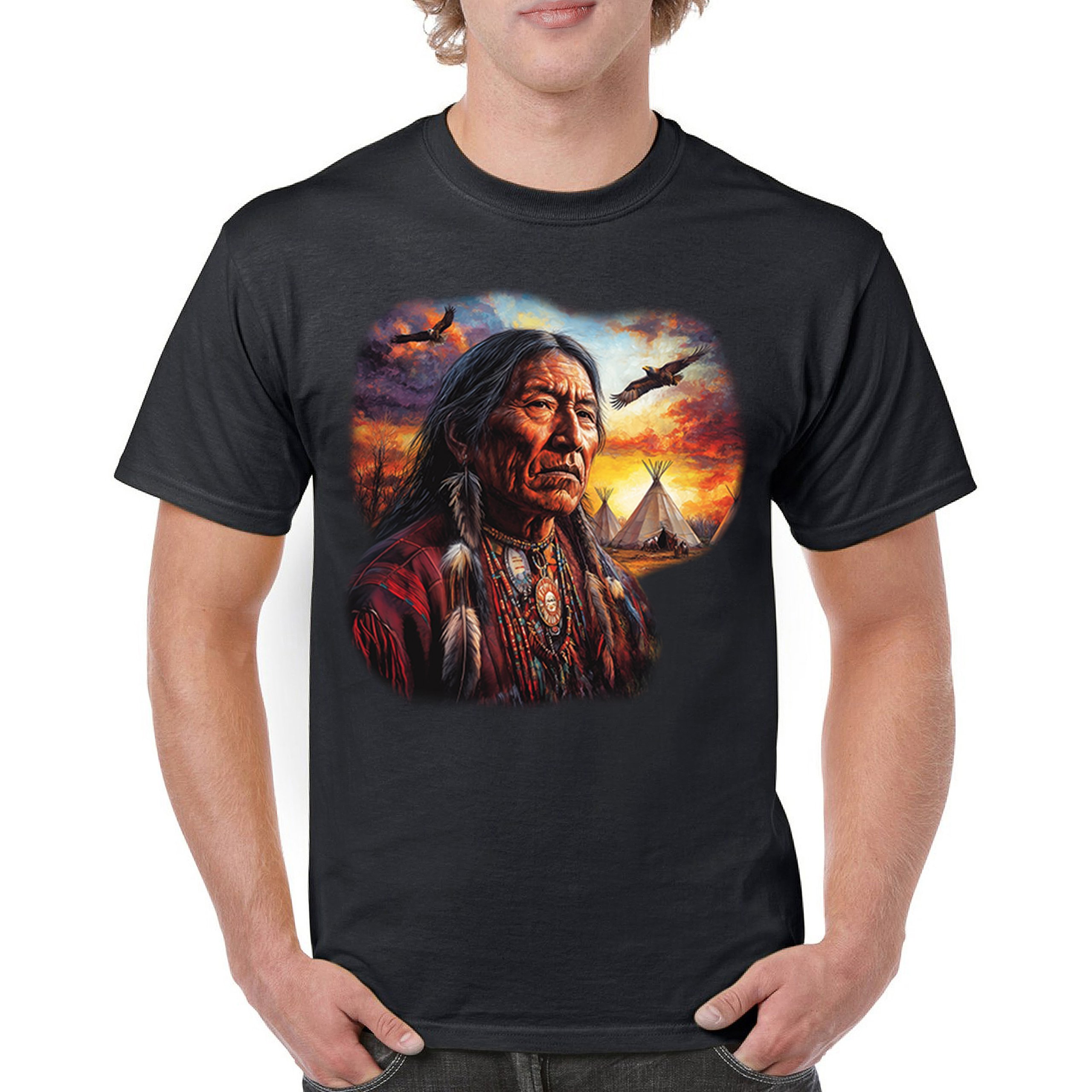Native American Village Chief T-shirt Tribal Warrior Spirit Sunset Men’s Tee