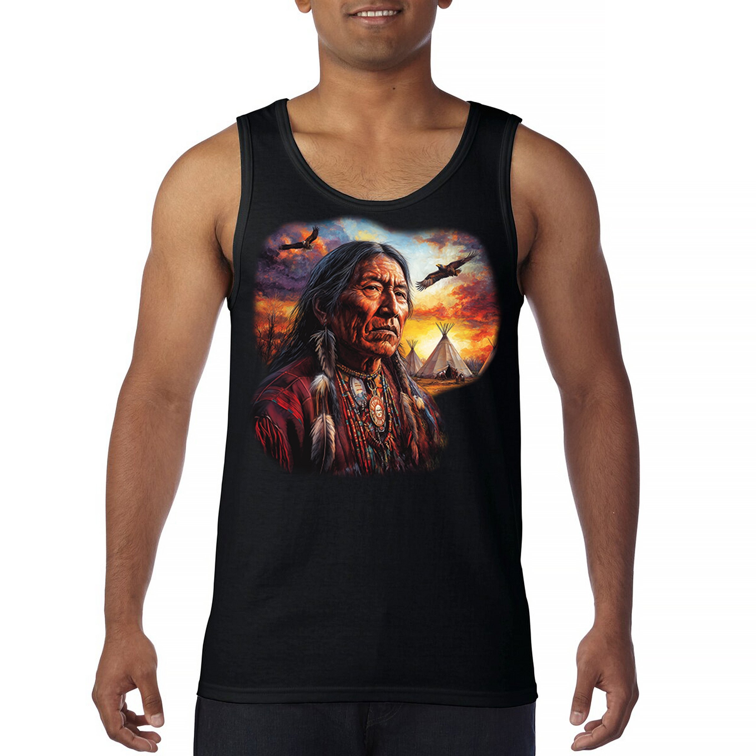 Native American Village Chief Tank Top Tribal Warrior Spirit Sunset Men’s Top
