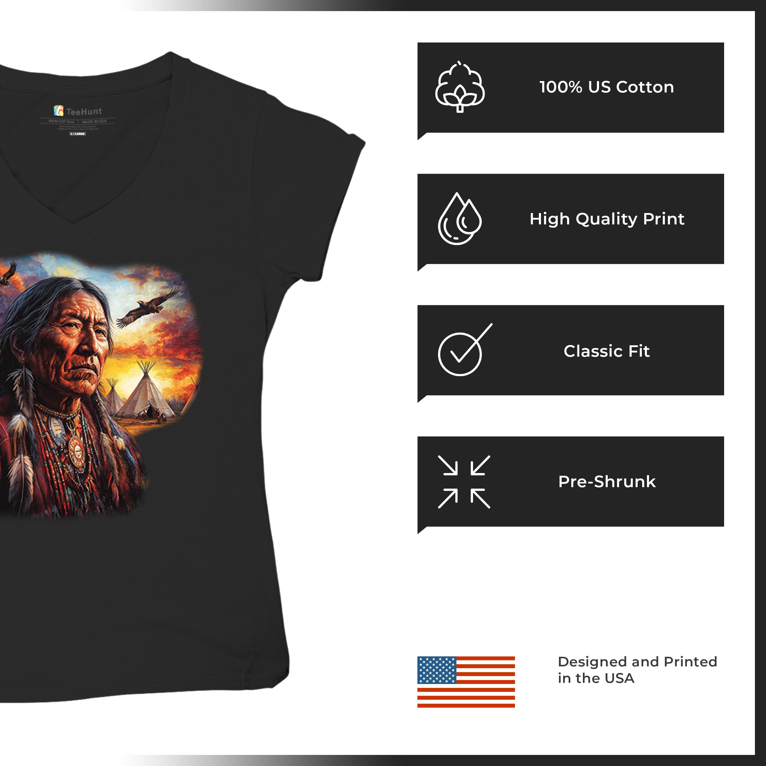 Native American Village Chief Women's V-Neck T-shirt Tribal Warrior Sunset Tee - Picture 7 of 71