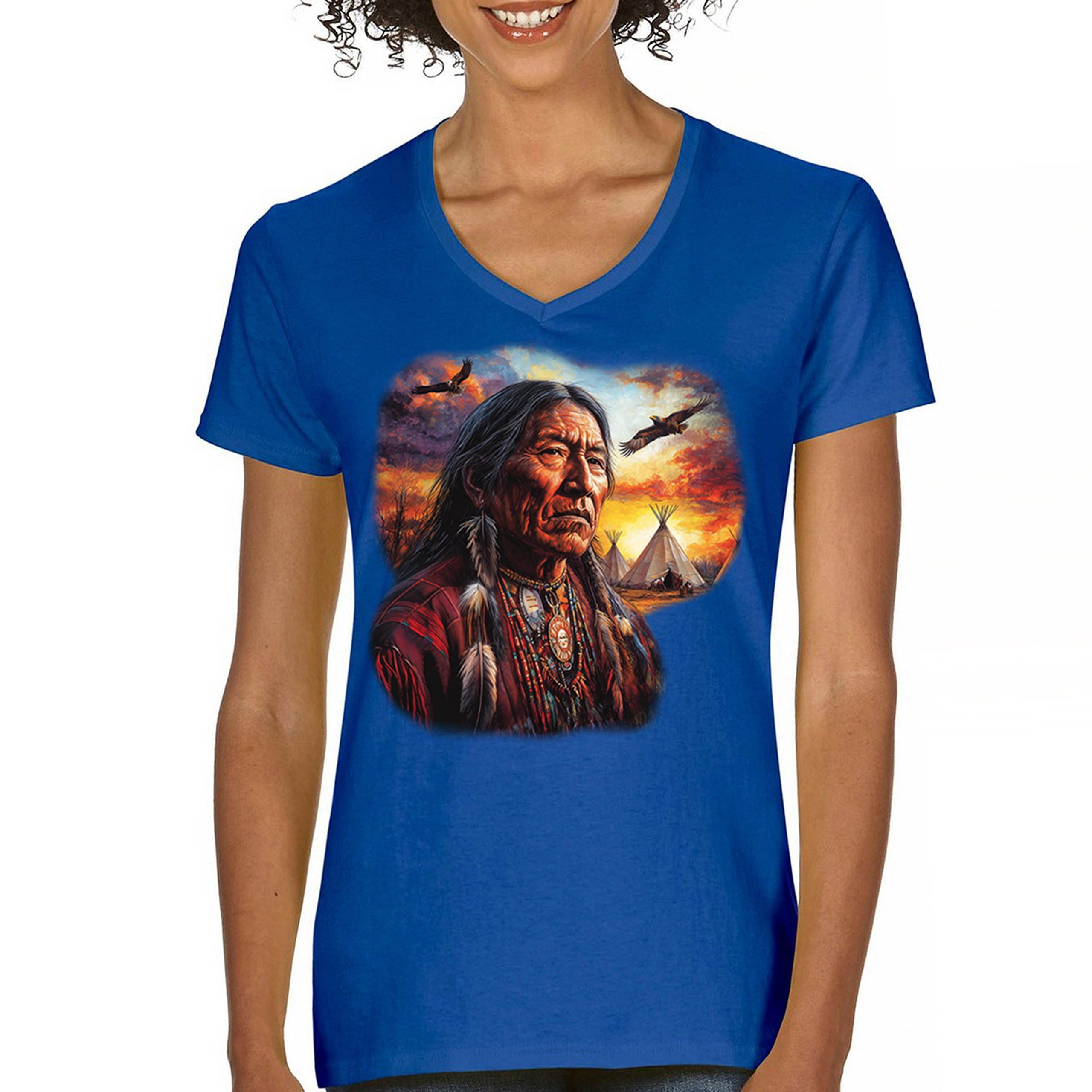 Native American Village Chief Women's V-Neck T-shirt Tribal Warrior Sunset Tee - Picture 51 of 71