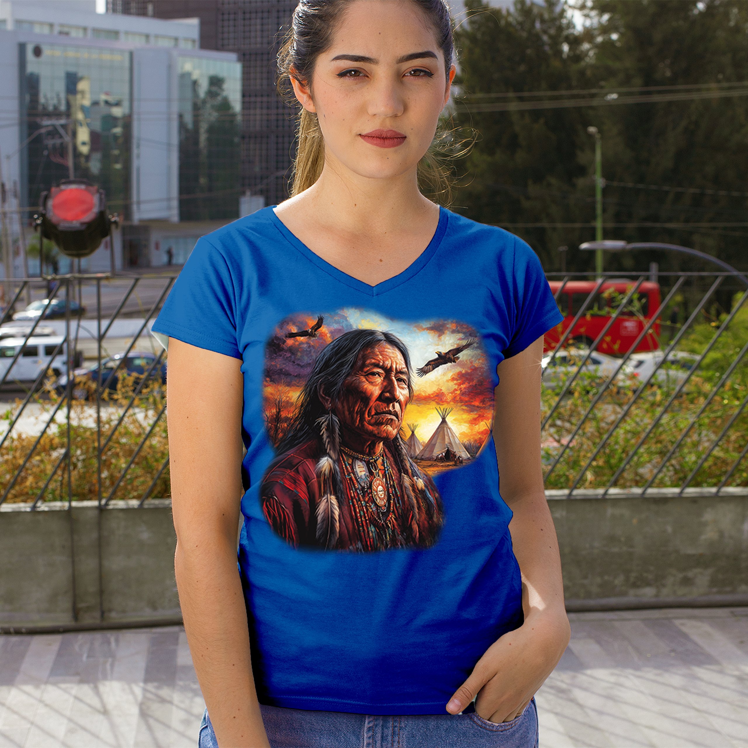 Native American Village Chief Women's V-Neck T-shirt Tribal Warrior Sunset Tee - Picture 54 of 71