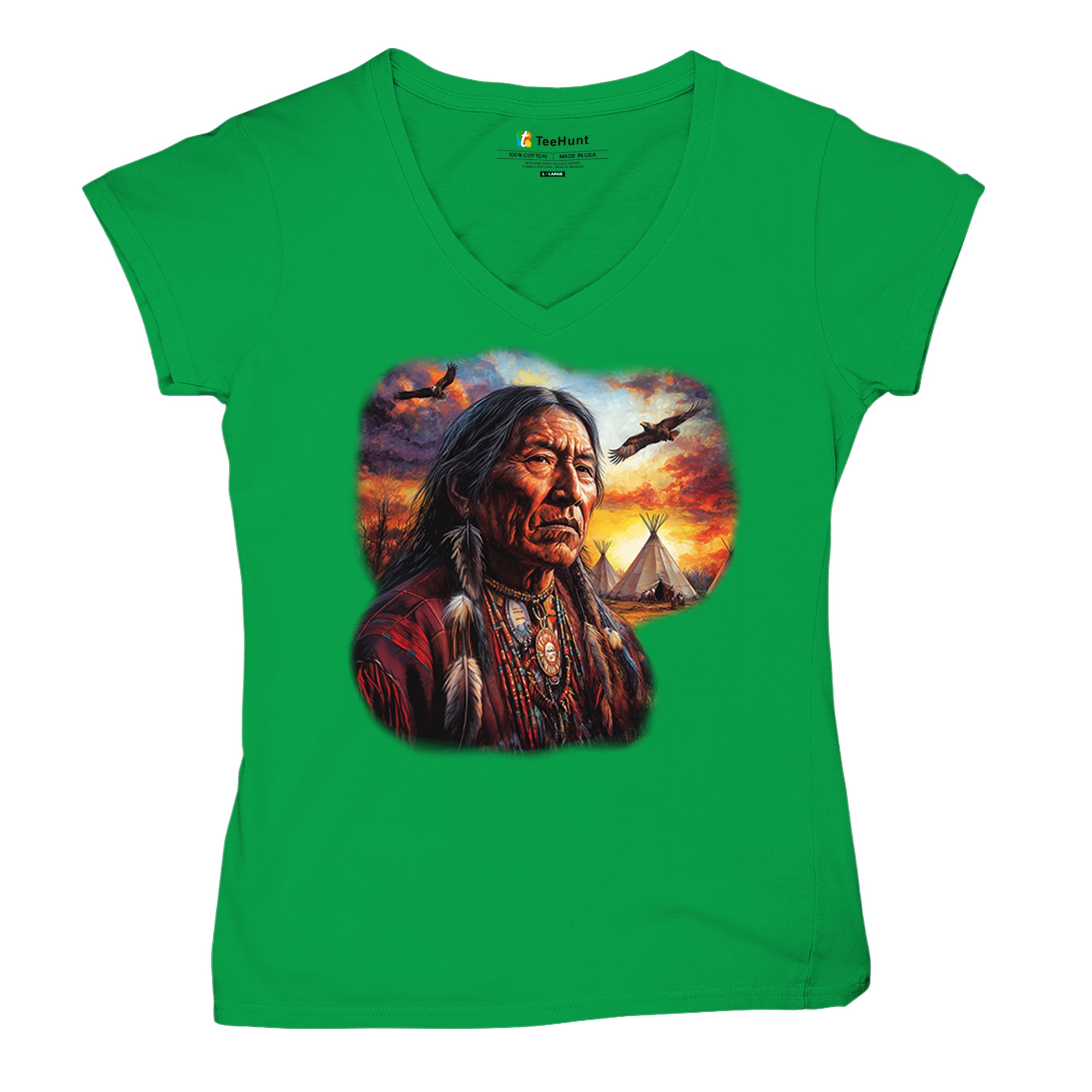 Native American Village Chief Women's V-Neck T-shirt Tribal Warrior Sunset Tee - Picture 48 of 71