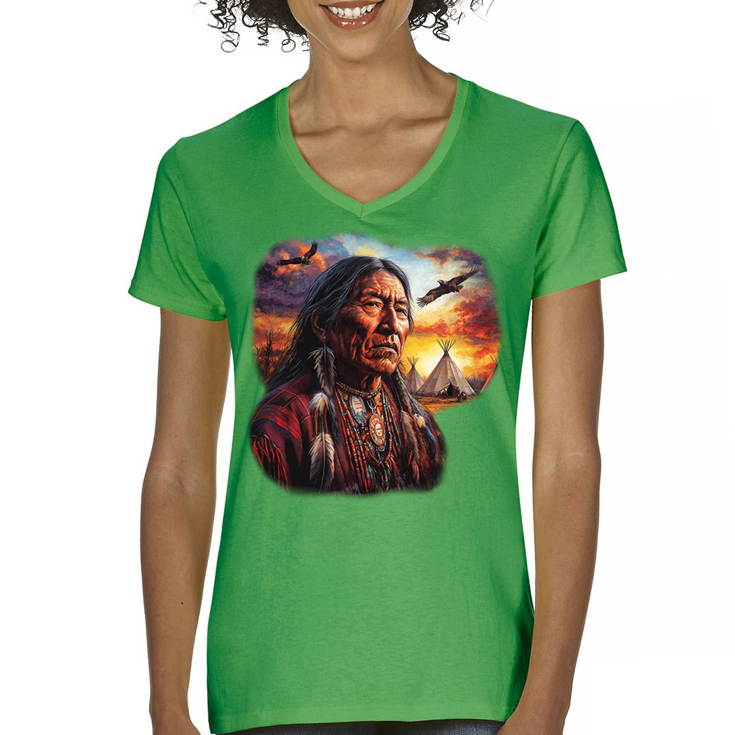 Native American Village Chief Women's V-Neck T-shirt Tribal Warrior Sunset Tee - Picture 44 of 71