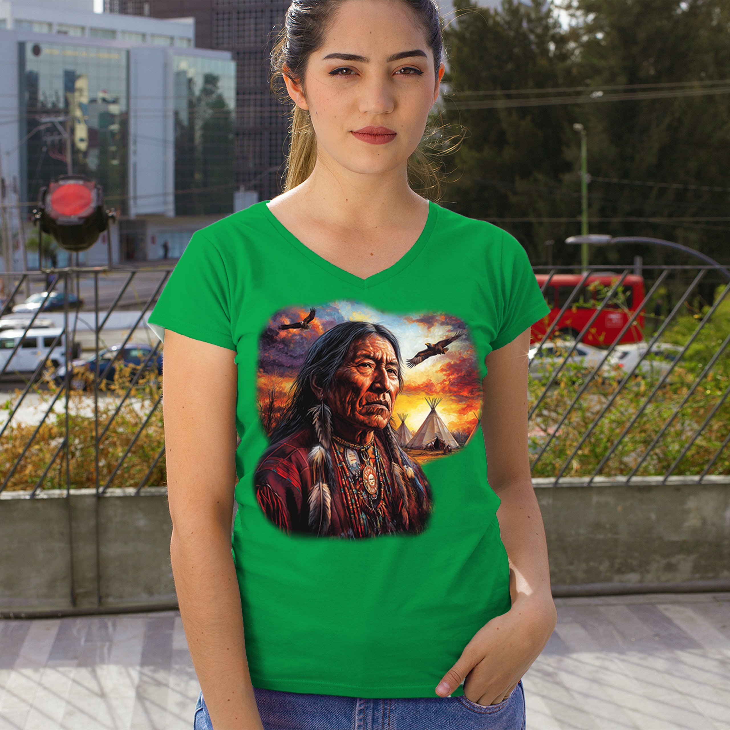 Native American Village Chief Women's V-Neck T-shirt Tribal Warrior Sunset Tee - Picture 47 of 71