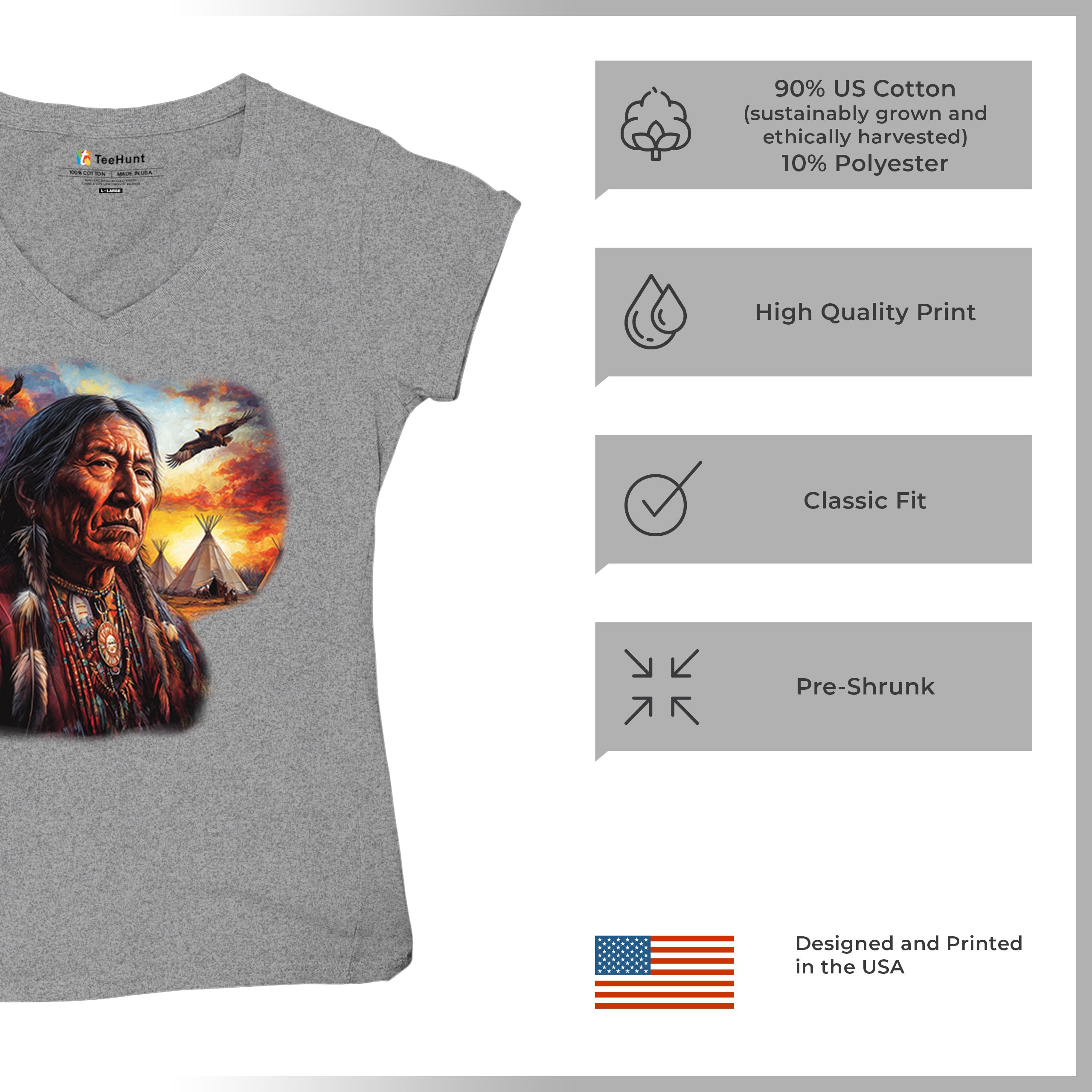 Native American Village Chief Women's V-Neck T-shirt Tribal Warrior Sunset Tee - Picture 14 of 71