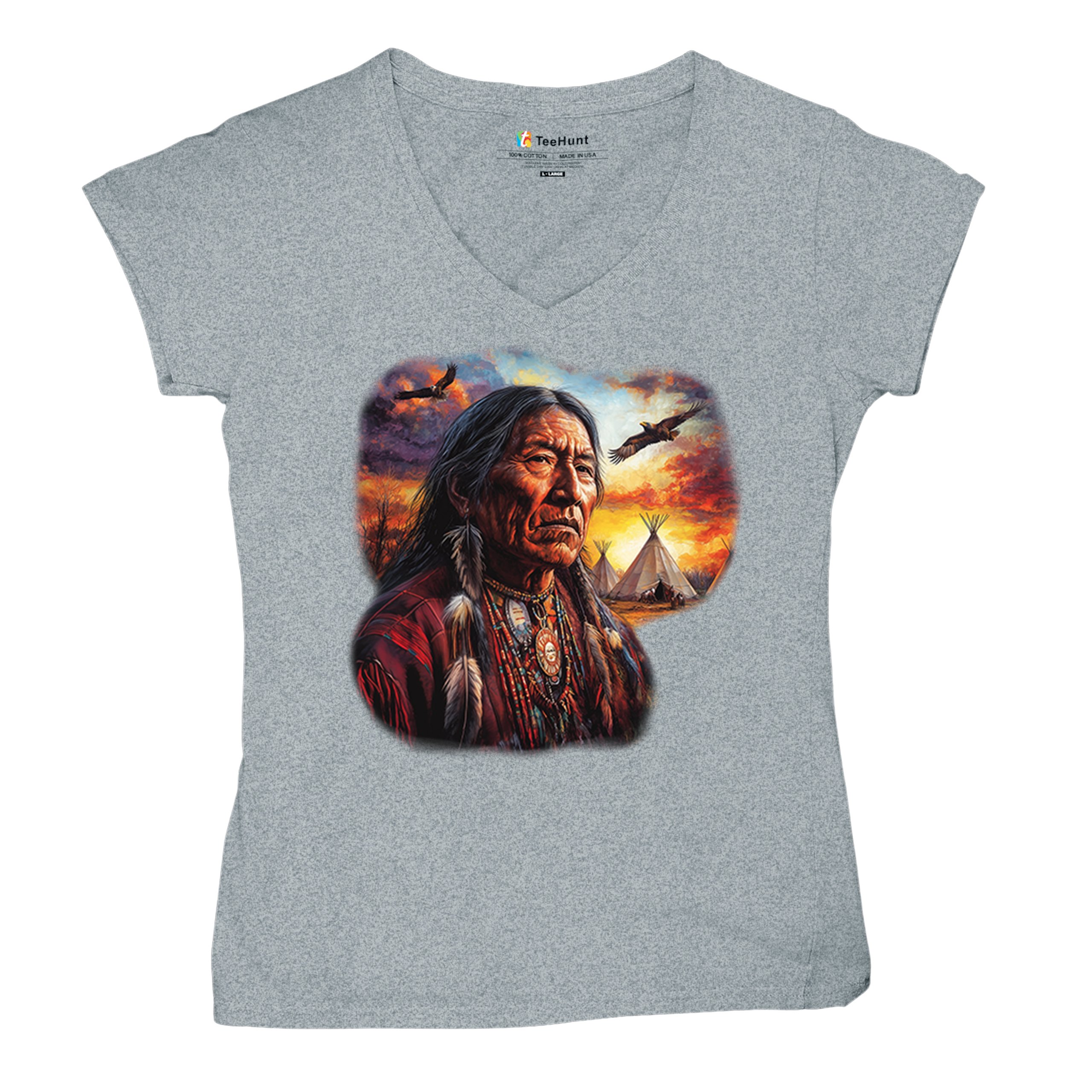 Native American Village Chief Women's V-Neck T-shirt Tribal Warrior Sunset Tee - Picture 13 of 71