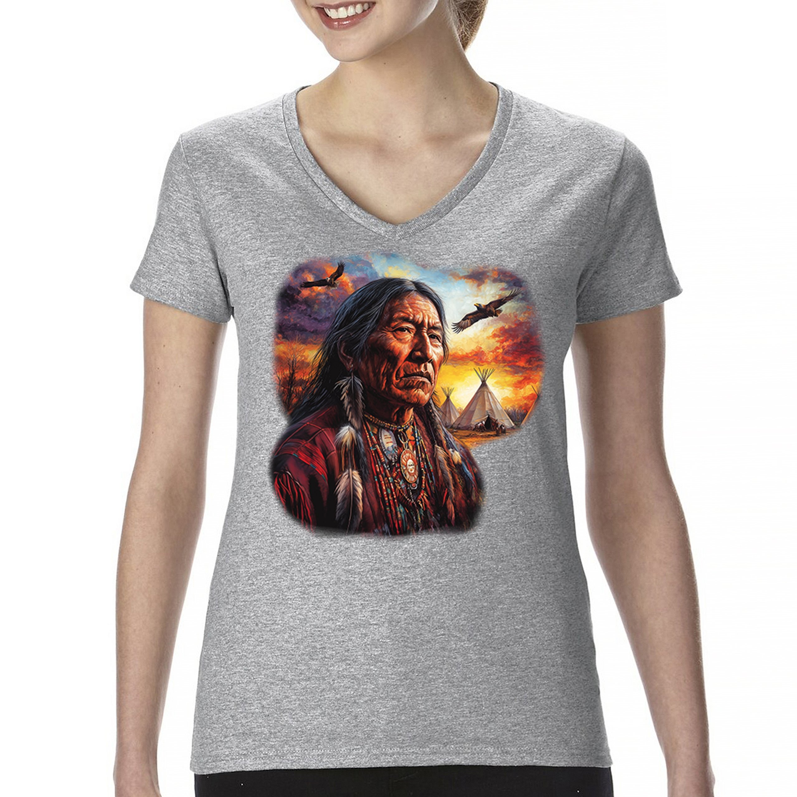 Native American Village Chief Women's V-Neck T-shirt Tribal Warrior Sunset Tee - Picture 9 of 71