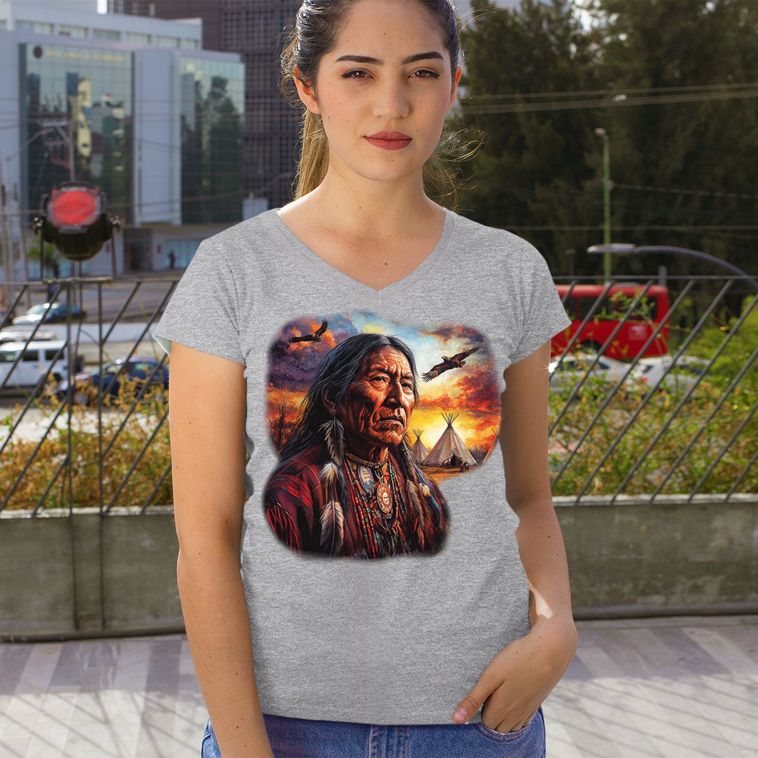 Native American Village Chief Women's V-Neck T-shirt Tribal Warrior Sunset Tee - Picture 12 of 71