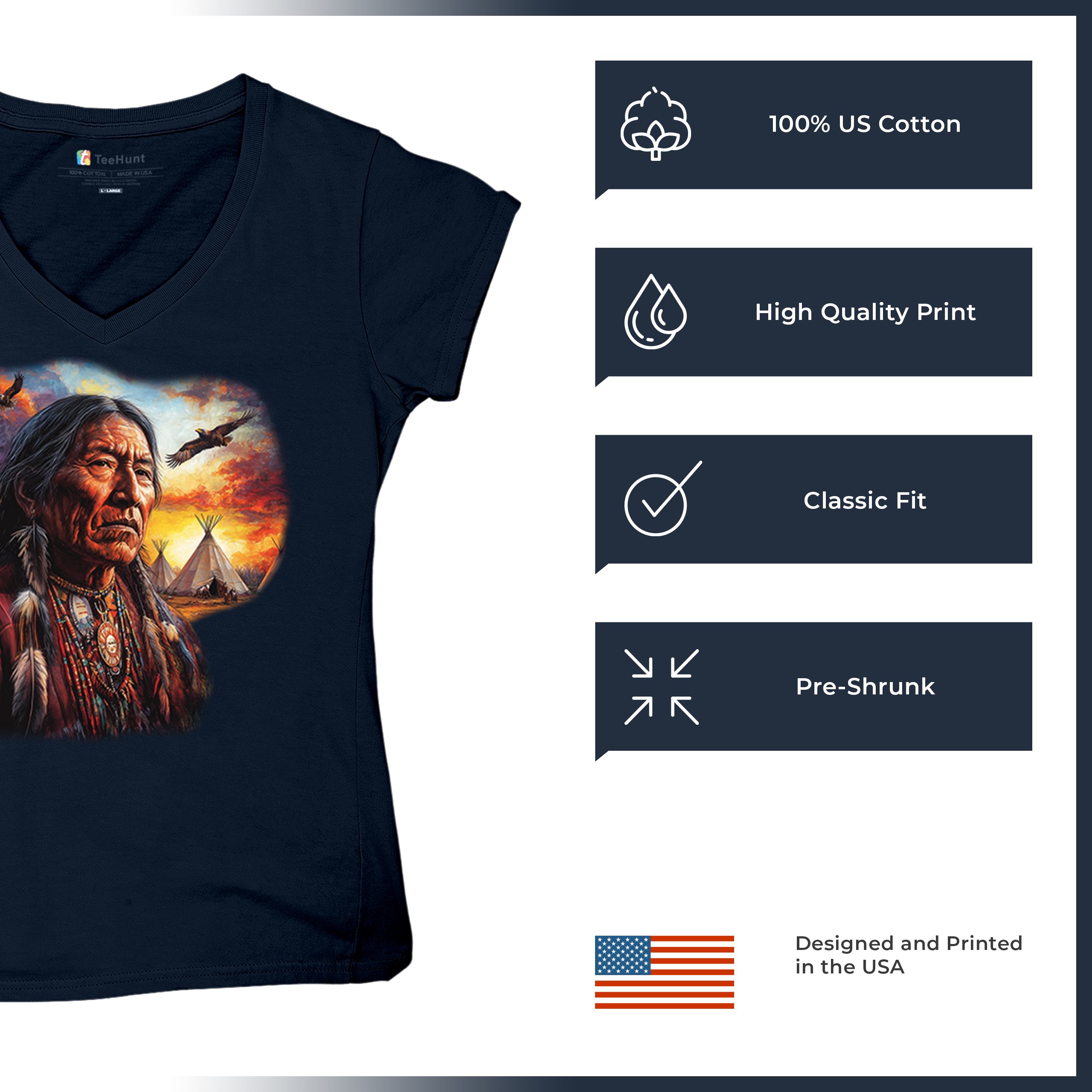 Native American Village Chief Women's V-Neck T-shirt Tribal Warrior Sunset Tee - Picture 42 of 71