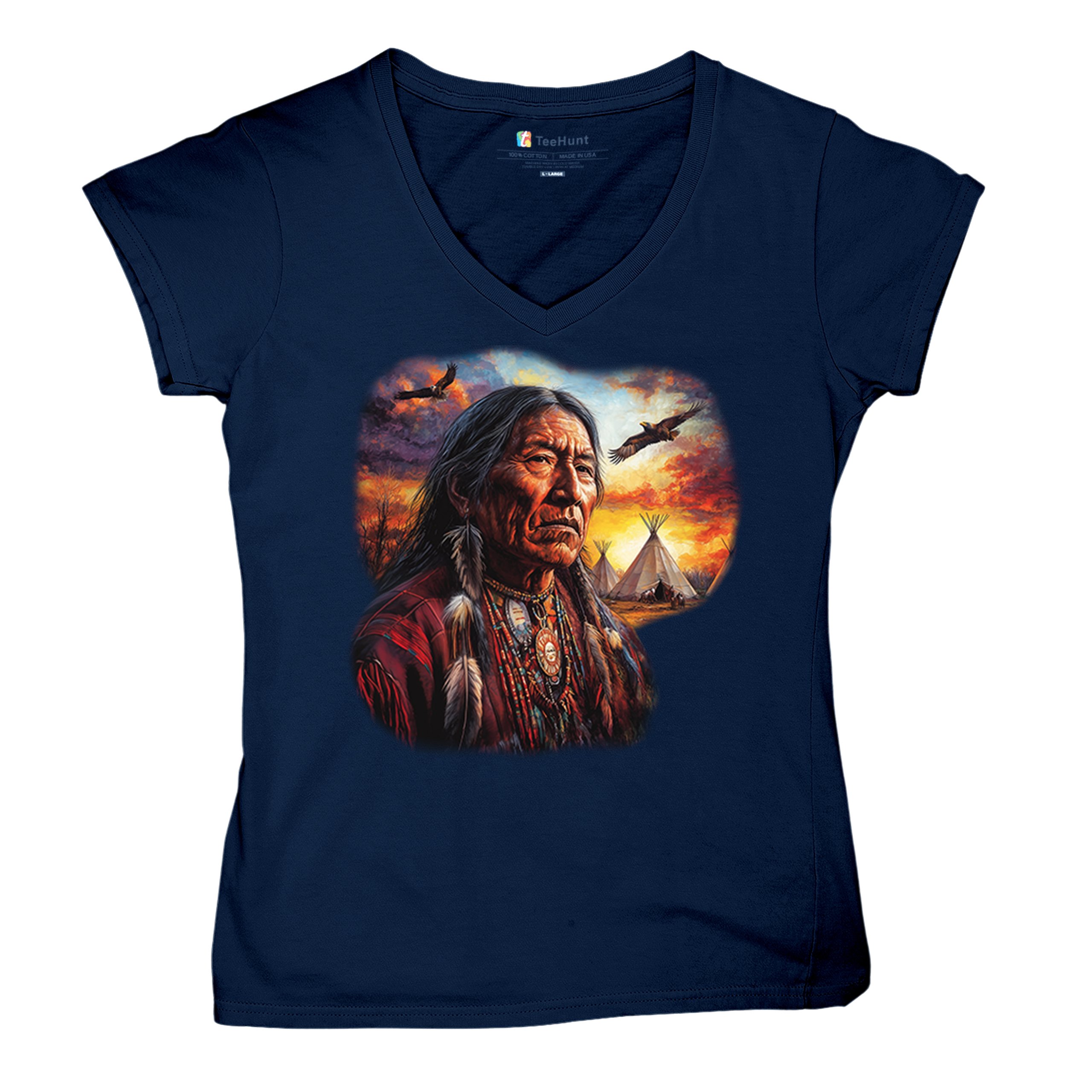 Native American Village Chief Women's V-Neck T-shirt Tribal Warrior Sunset Tee - Picture 41 of 71