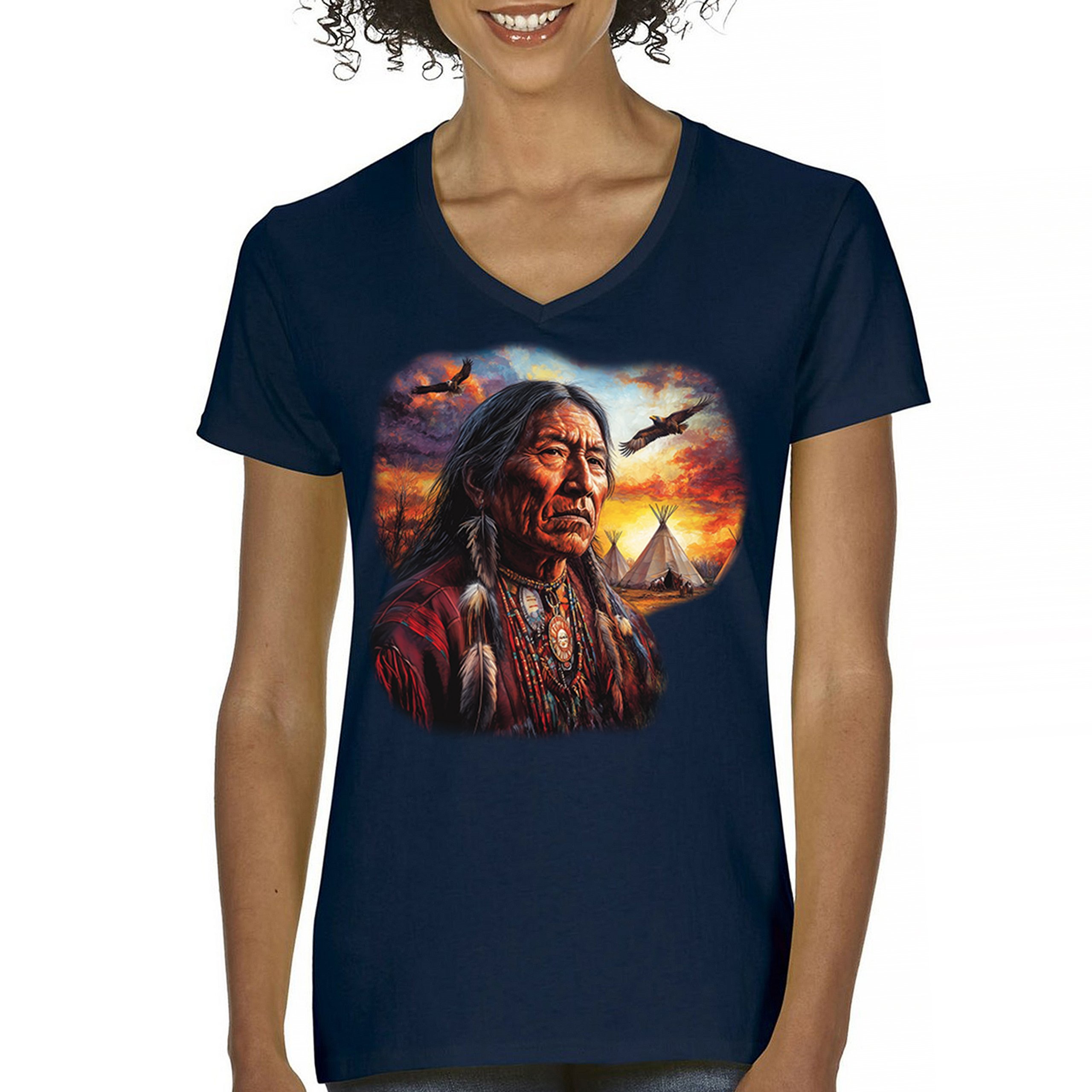 Native American Village Chief Women's V-Neck T-shirt Tribal Warrior Sunset Tee - Picture 37 of 71