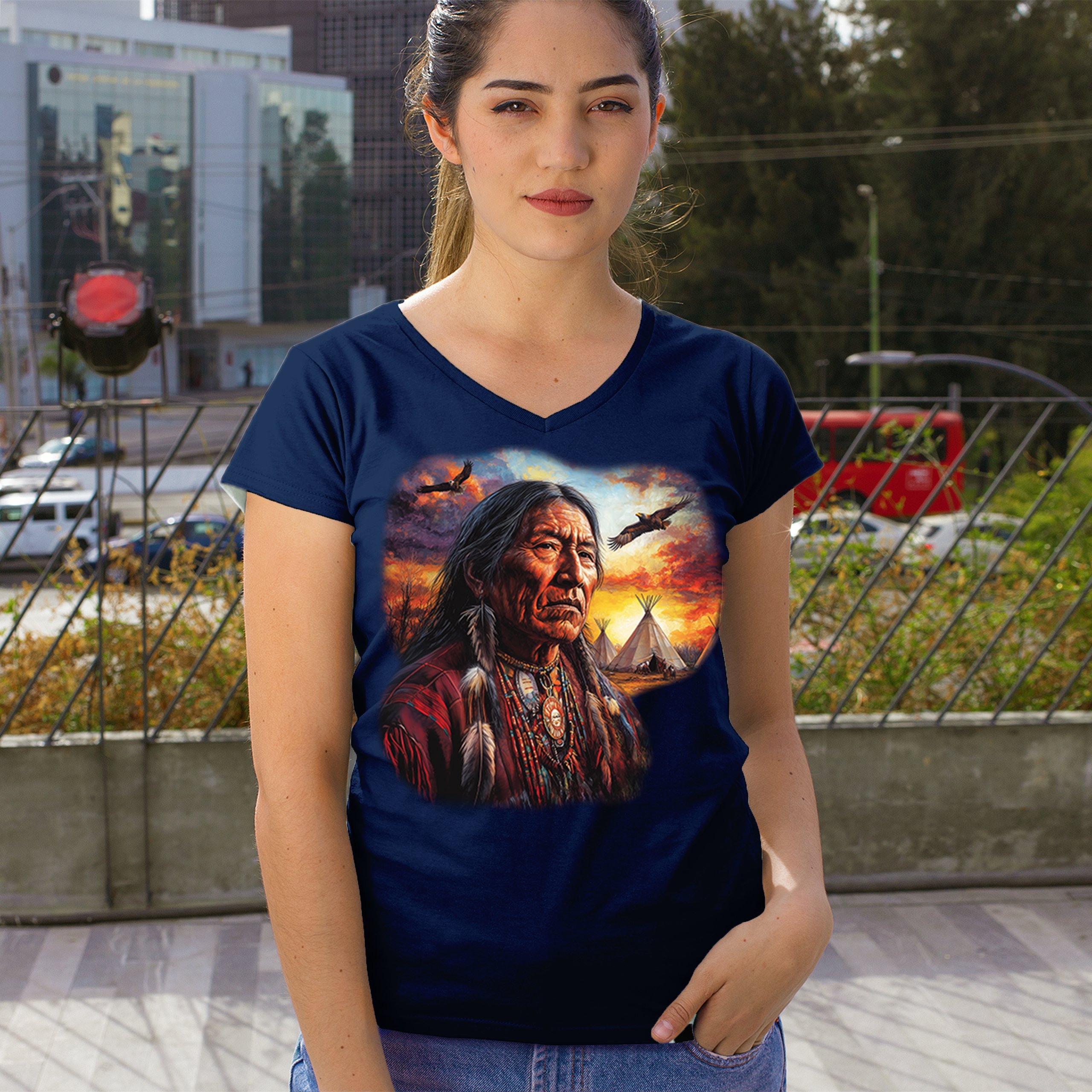 Native American Village Chief Women's V-Neck T-shirt Tribal Warrior Sunset Tee - Picture 40 of 71
