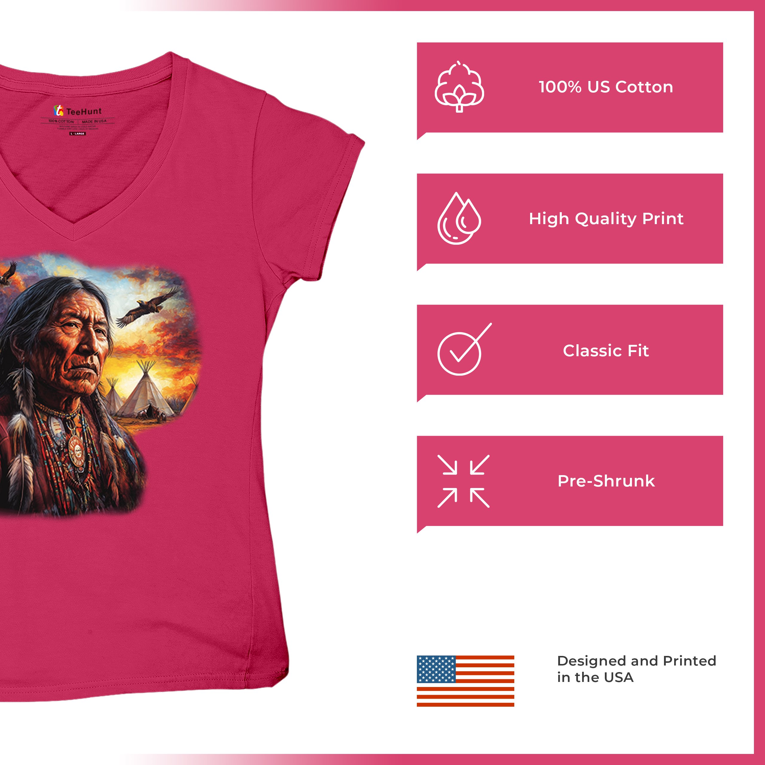 Native American Village Chief Women's V-Neck T-shirt Tribal Warrior Sunset Tee - Picture 63 of 71