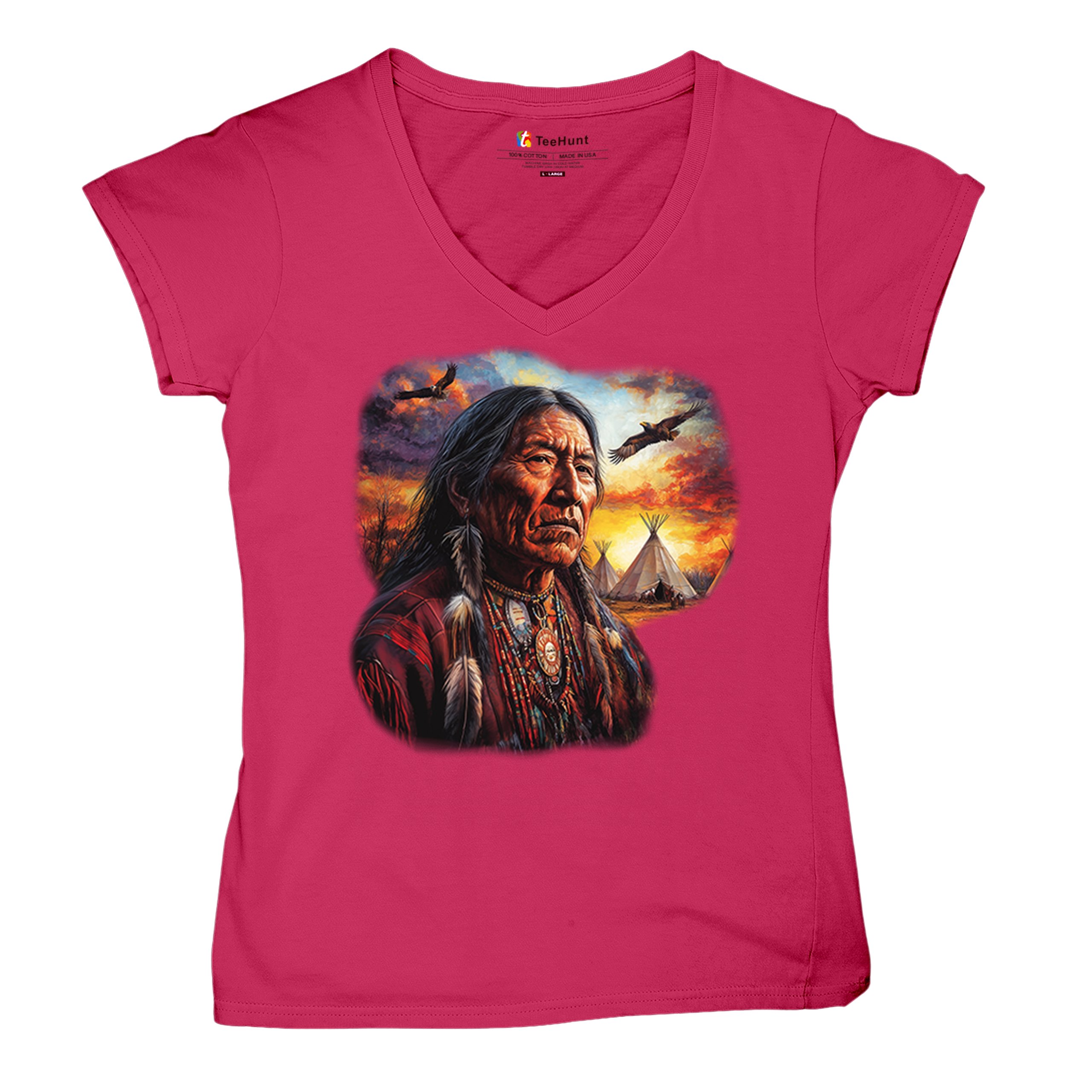 Native American Village Chief Women's V-Neck T-shirt Tribal Warrior Sunset Tee - Picture 62 of 71