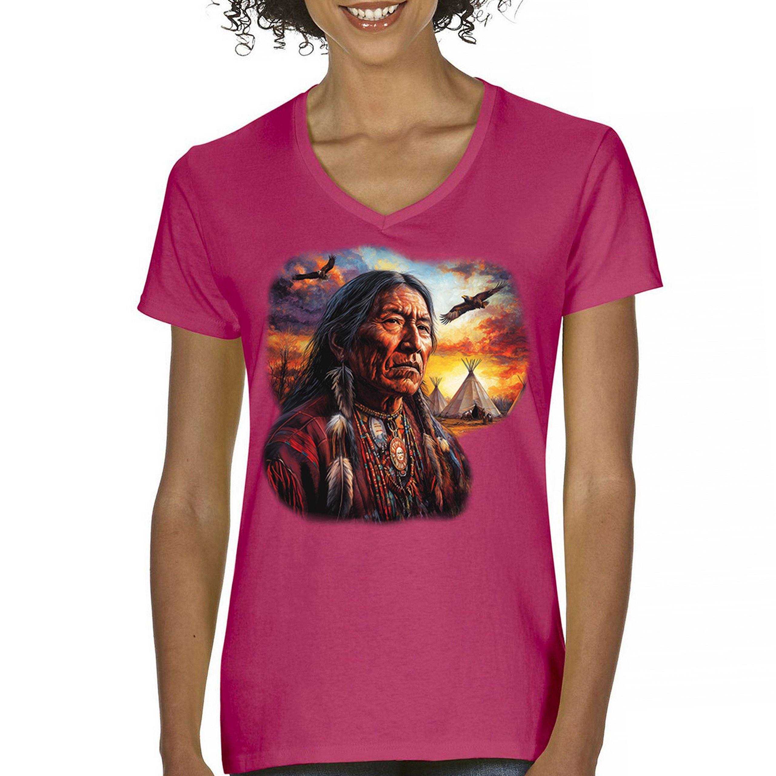 Native American Village Chief Women's V-Neck T-shirt Tribal Warrior Sunset Tee - Picture 58 of 71