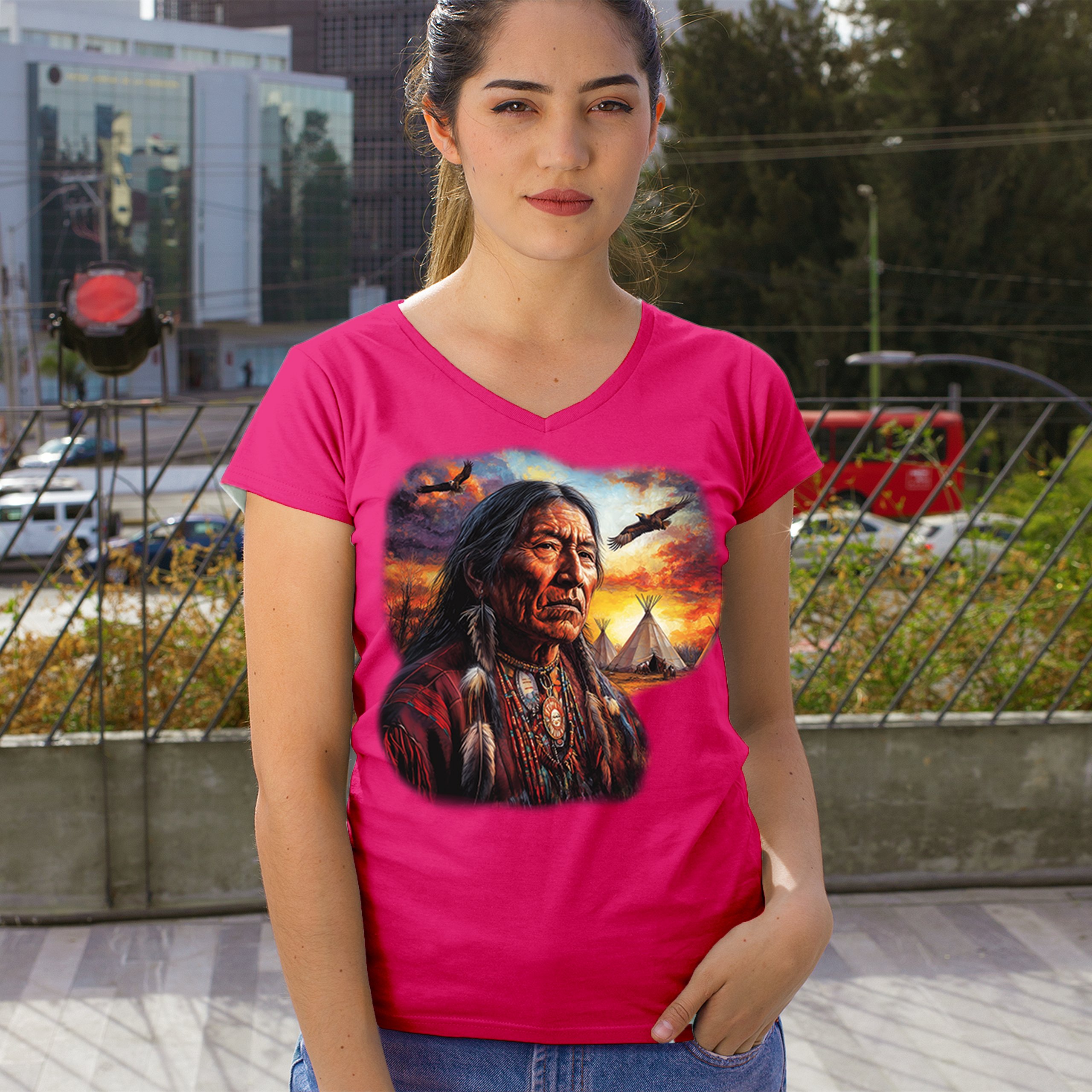 Native American Village Chief Women's V-Neck T-shirt Tribal Warrior Sunset Tee - Picture 61 of 71