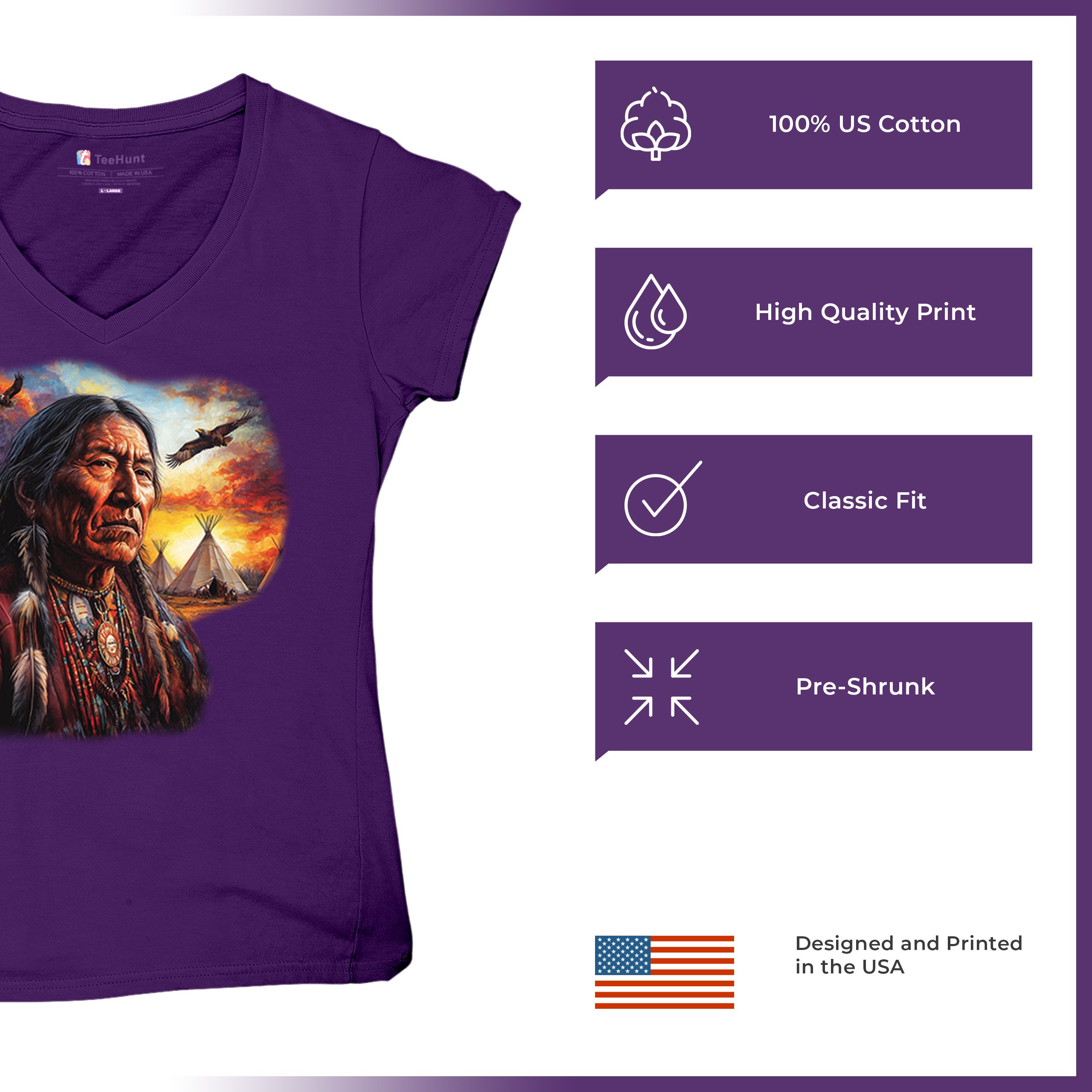 Native American Village Chief Women's V-Neck T-shirt Tribal Warrior Sunset Tee - Picture 21 of 71