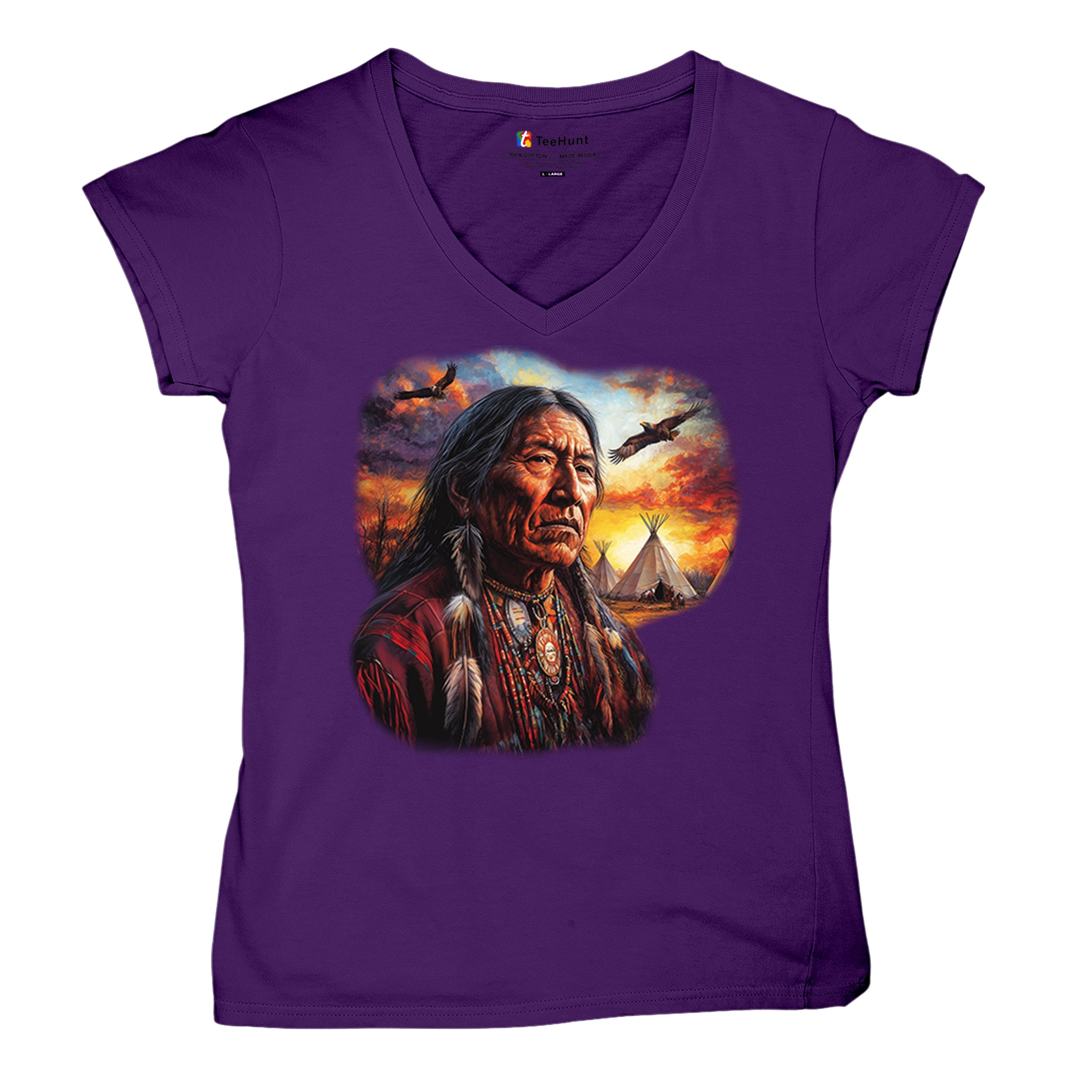 Native American Village Chief Women's V-Neck T-shirt Tribal Warrior Sunset Tee - Picture 20 of 71