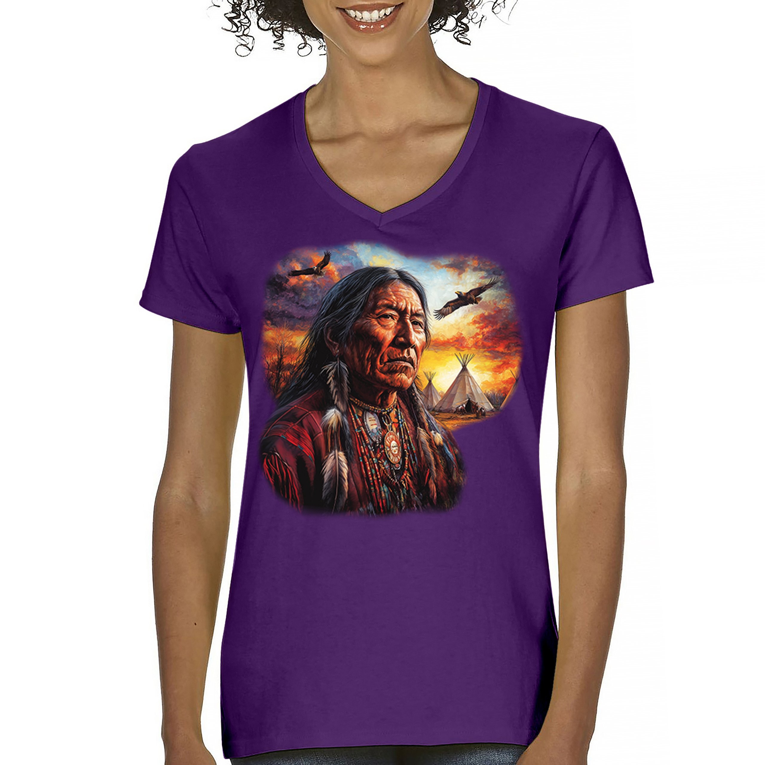 Native American Village Chief Women's V-Neck T-shirt Tribal Warrior Sunset Tee - Picture 16 of 71
