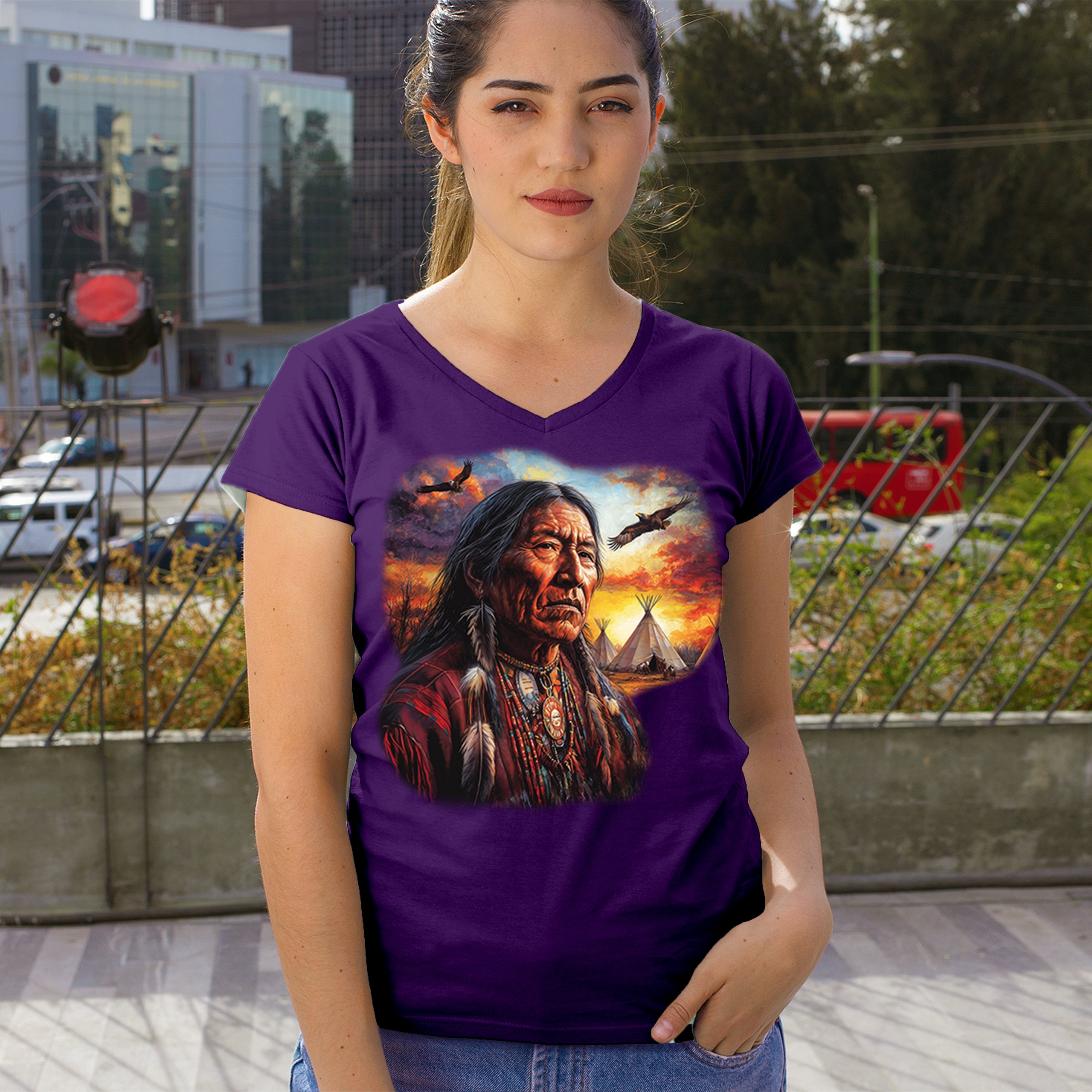 Native American Village Chief Women's V-Neck T-shirt Tribal Warrior Sunset Tee - Picture 19 of 71