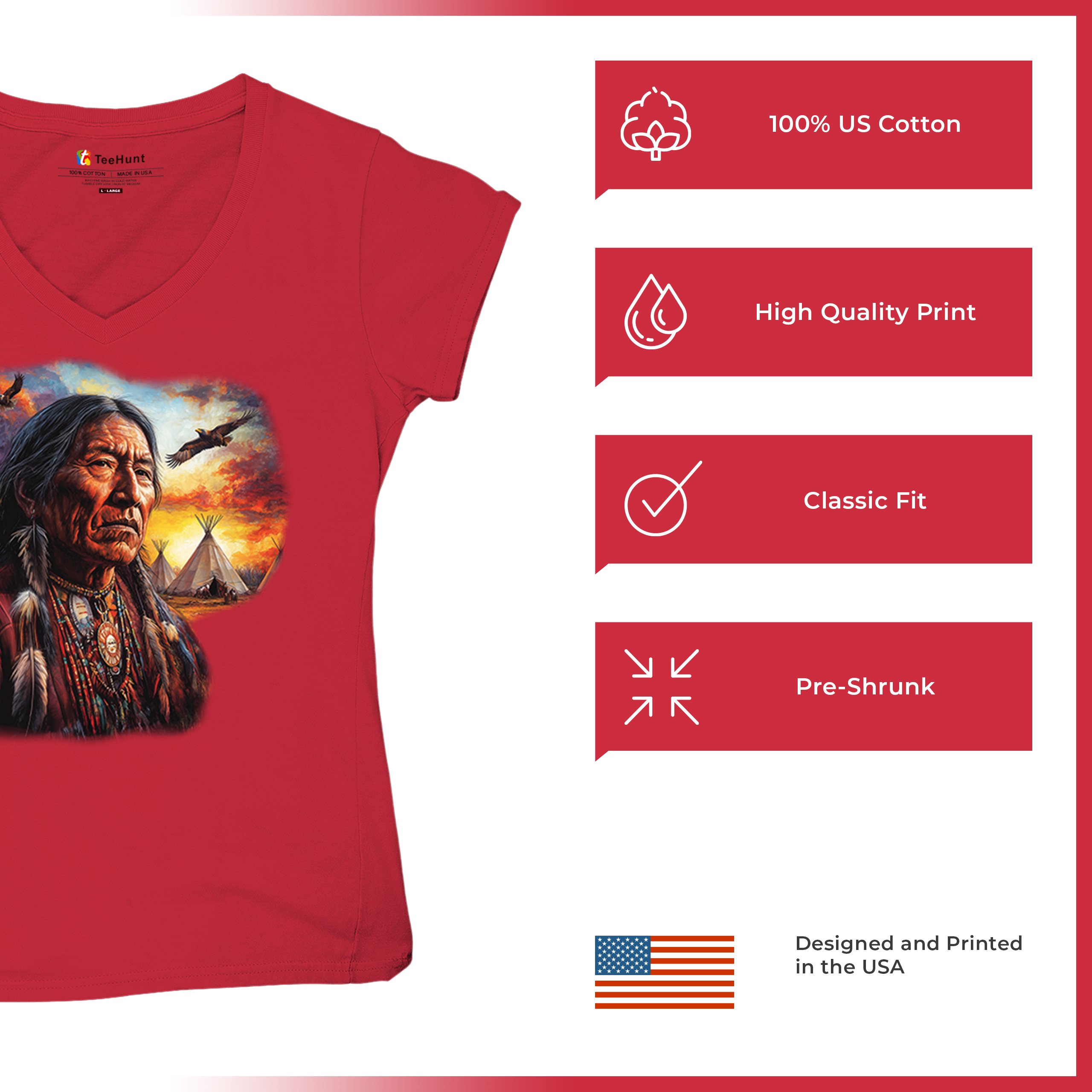 Native American Village Chief Women's V-Neck T-shirt Tribal Warrior Sunset Tee - Picture 28 of 71