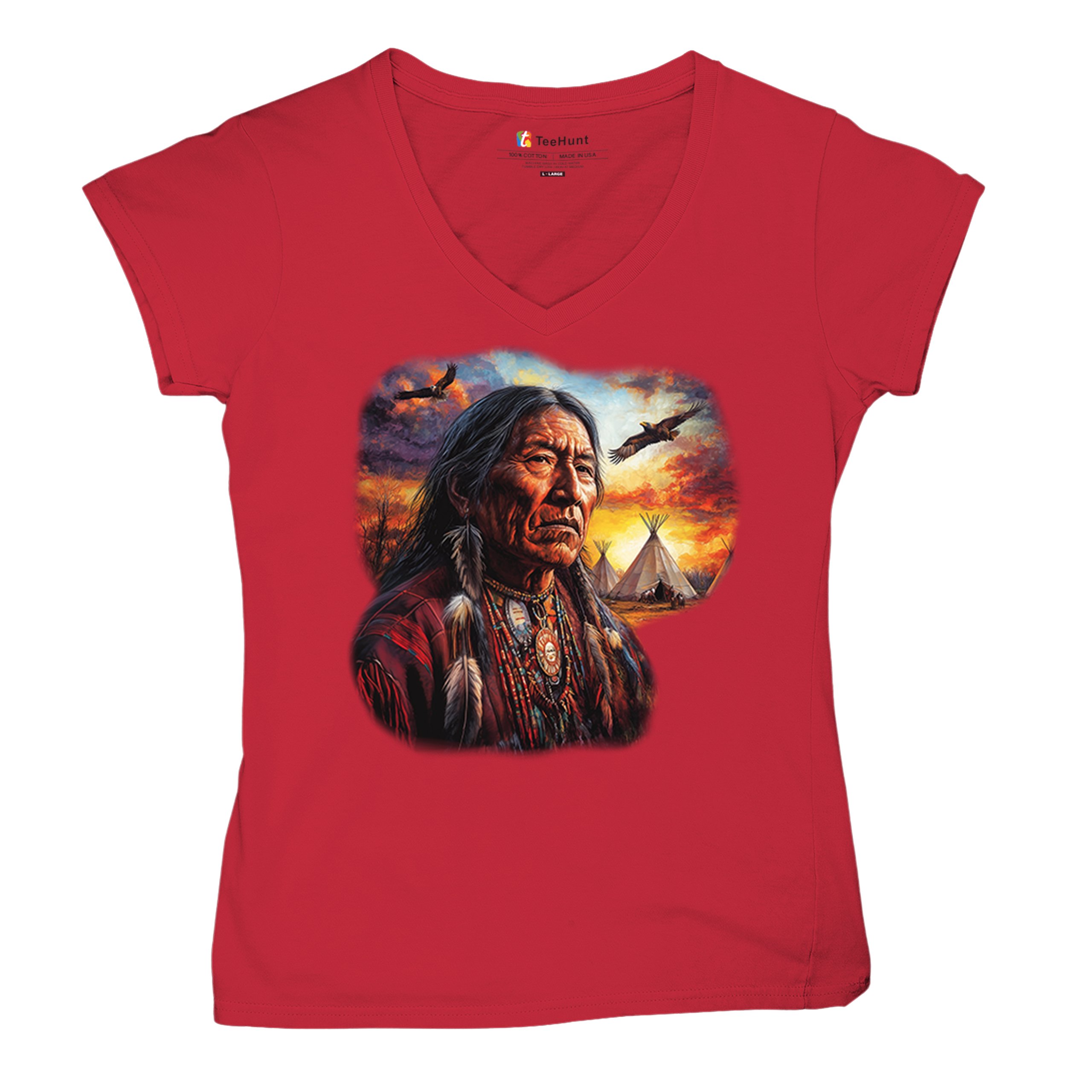 Native American Village Chief Women's V-Neck T-shirt Tribal Warrior Sunset Tee - Picture 27 of 71