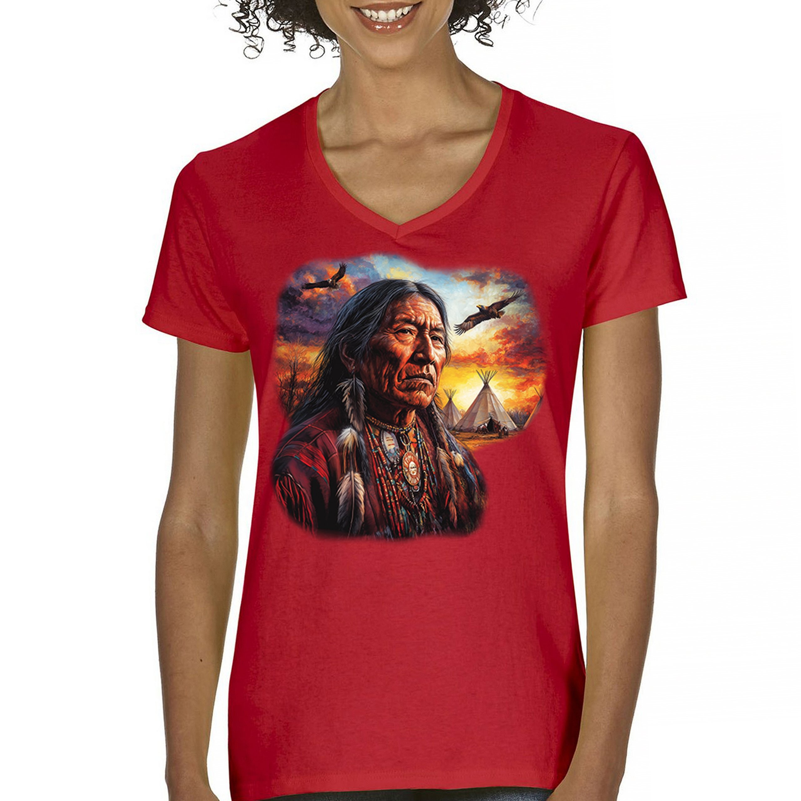 Native American Village Chief Women's V-Neck T-shirt Tribal Warrior Sunset Tee - Picture 23 of 71