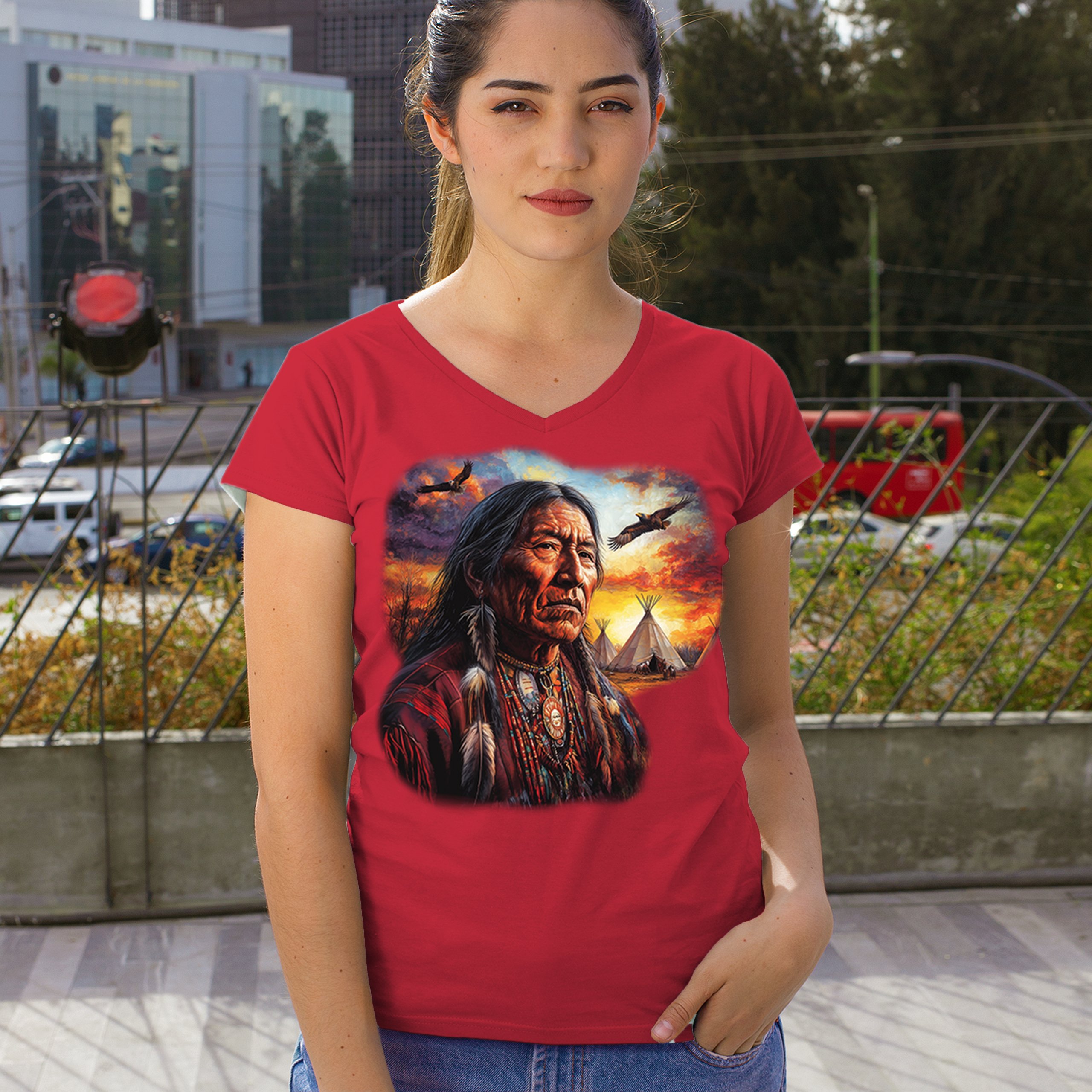 Native American Village Chief Women's V-Neck T-shirt Tribal Warrior Sunset Tee - Picture 26 of 71