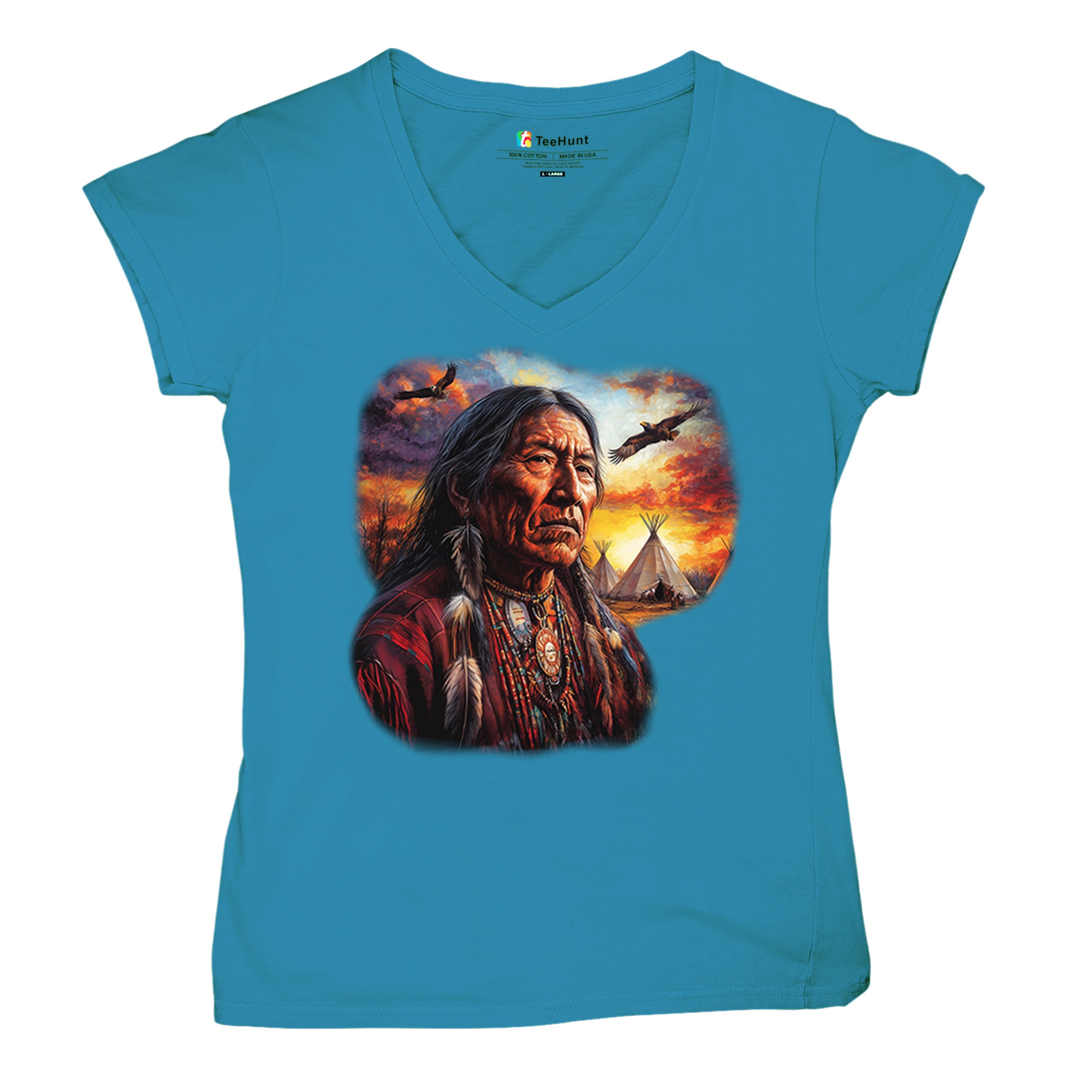 Native American Village Chief Women's V-Neck T-shirt Tribal Warrior Sunset Tee - Picture 69 of 71