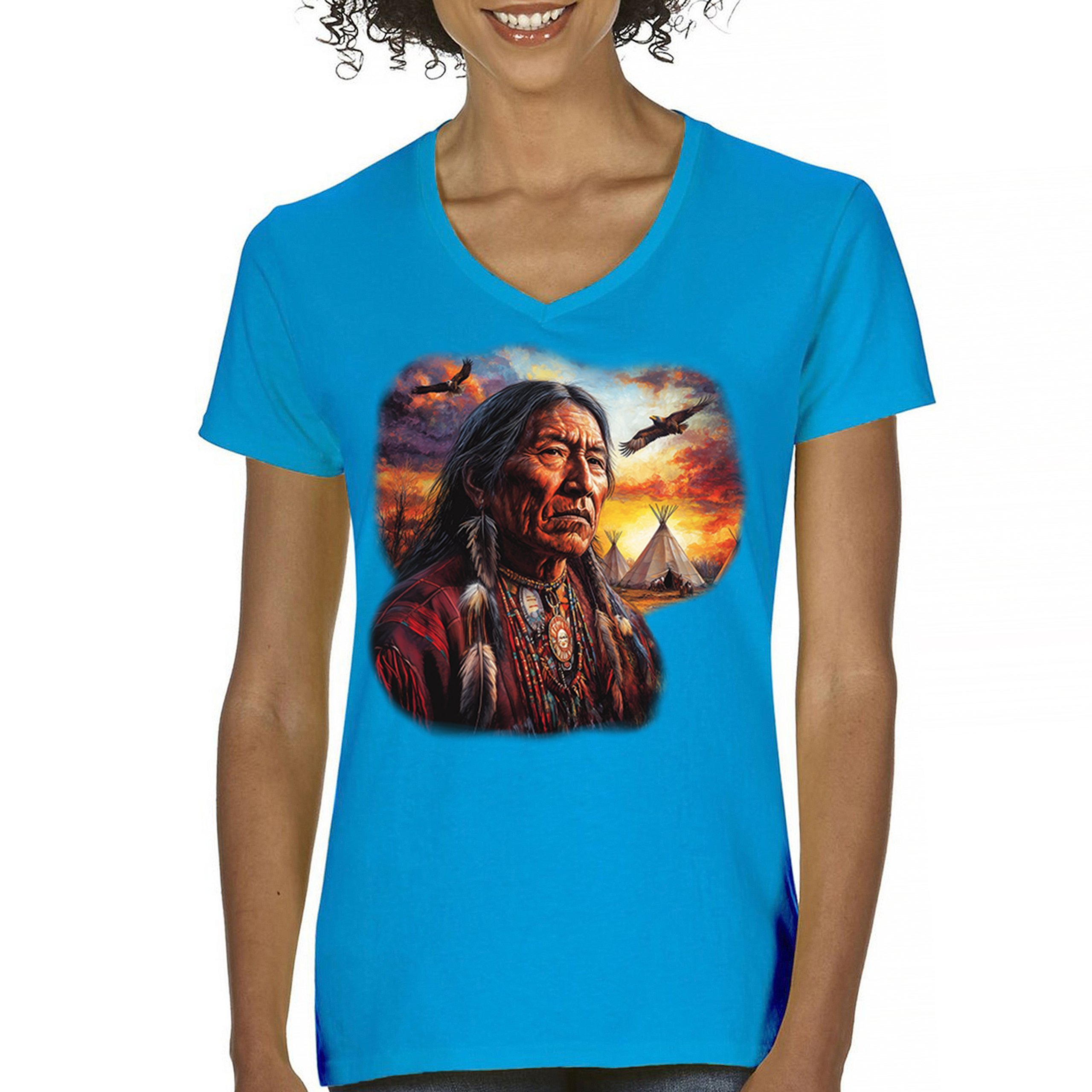 Native American Village Chief Women's V-Neck T-shirt Tribal Warrior Sunset Tee - Picture 65 of 71