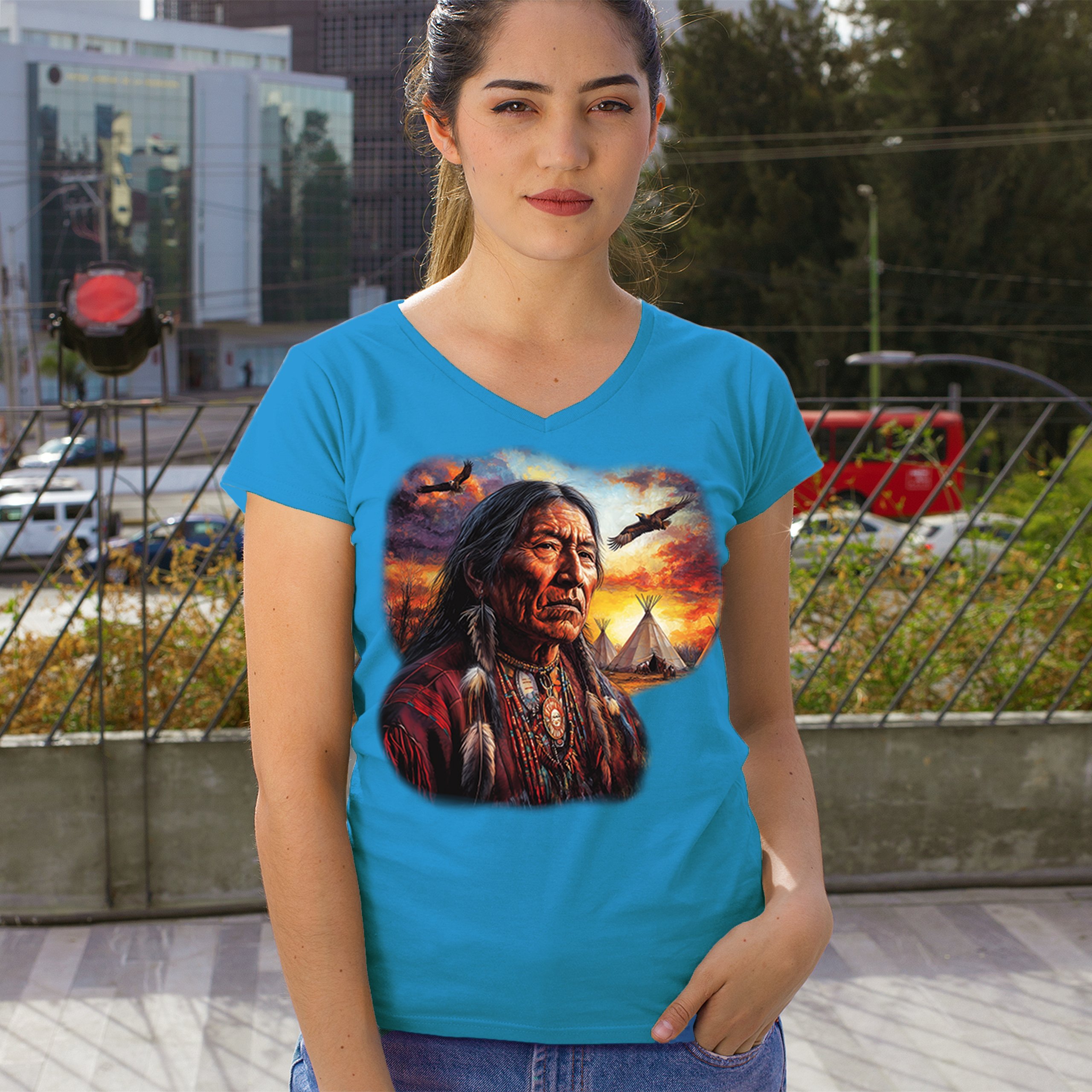 Native American Village Chief Women's V-Neck T-shirt Tribal Warrior Sunset Tee - Picture 68 of 71