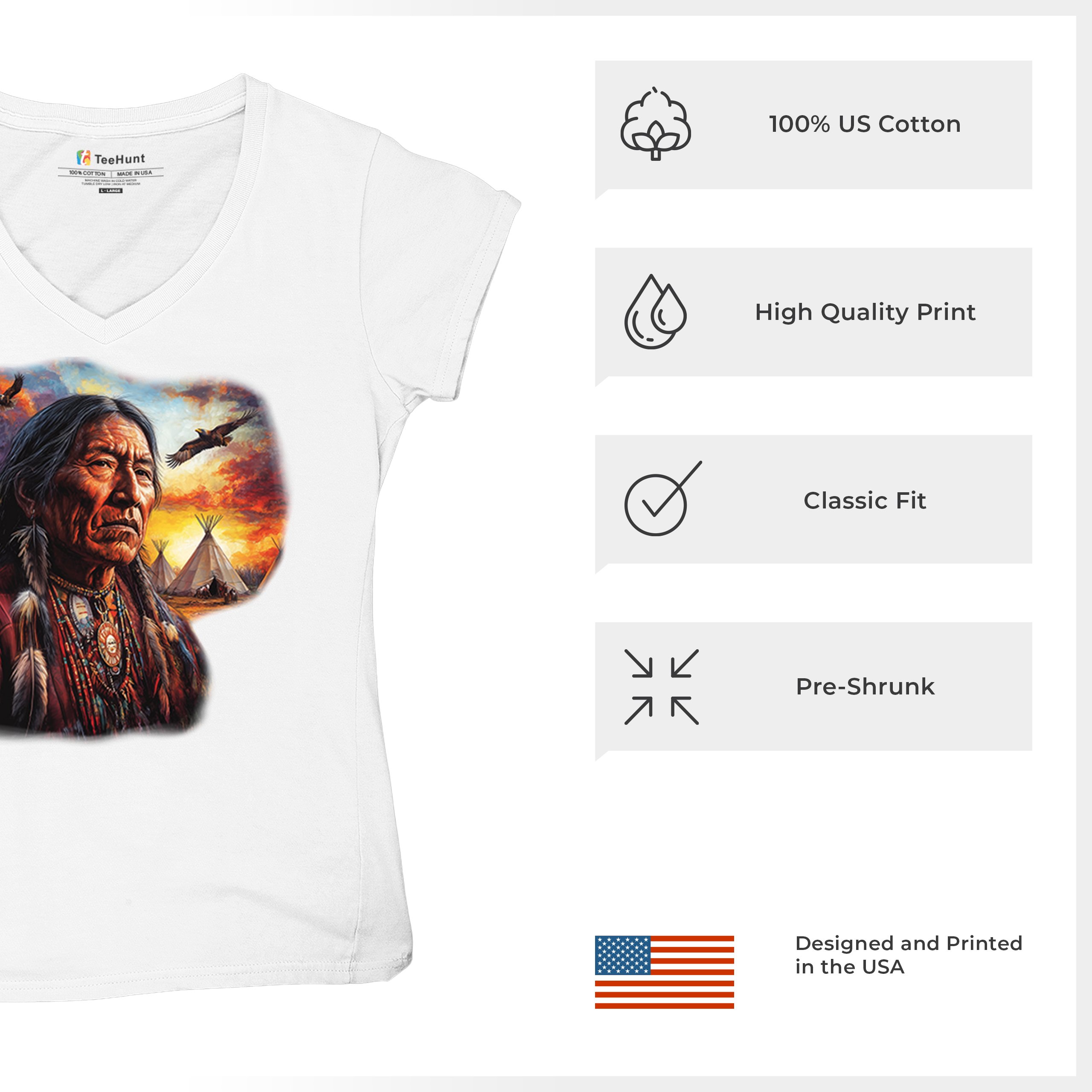 Native American Village Chief Women's V-Neck T-shirt Tribal Warrior Sunset Tee - Picture 35 of 71