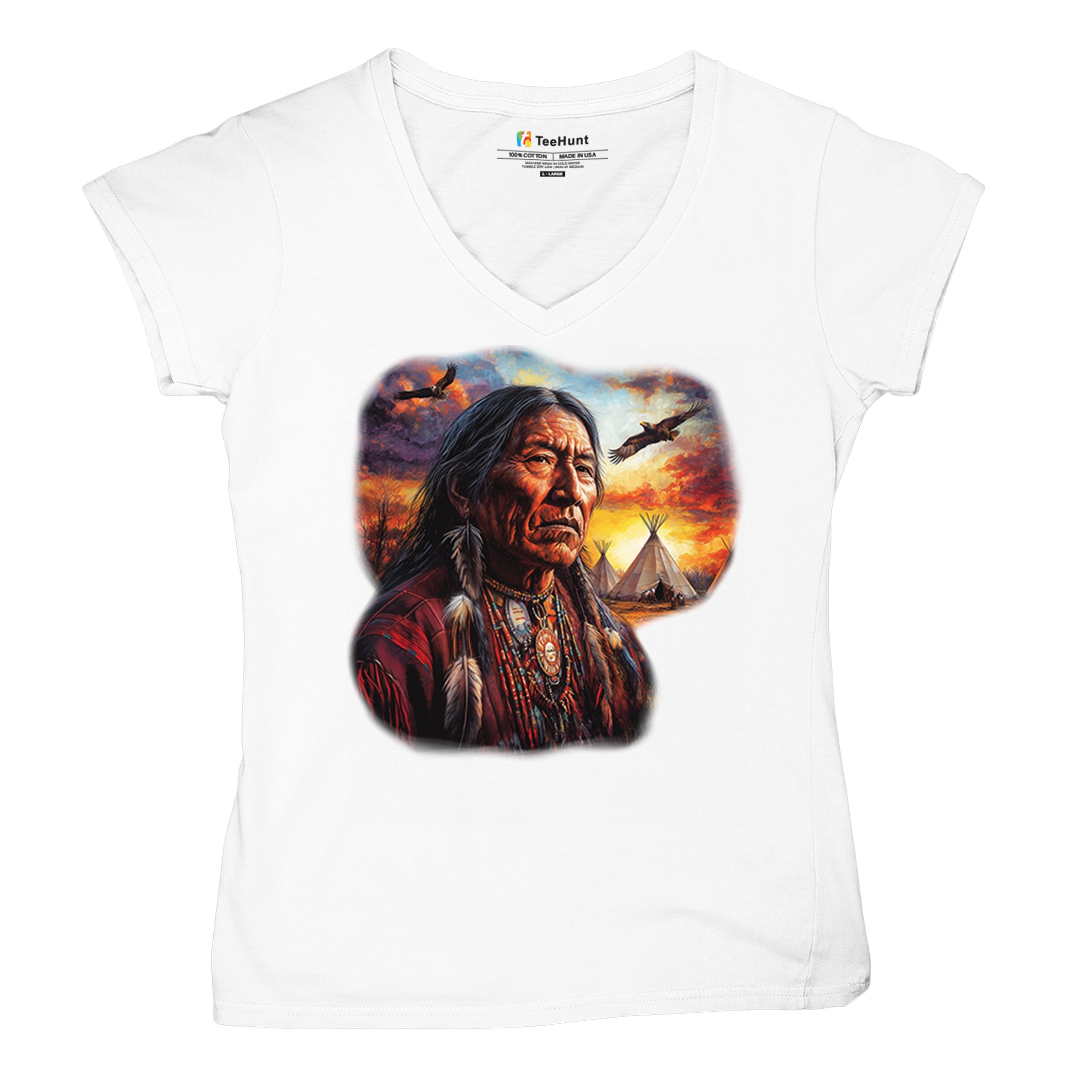 Native American Village Chief Women's V-Neck T-shirt Tribal Warrior Sunset Tee - Picture 34 of 71