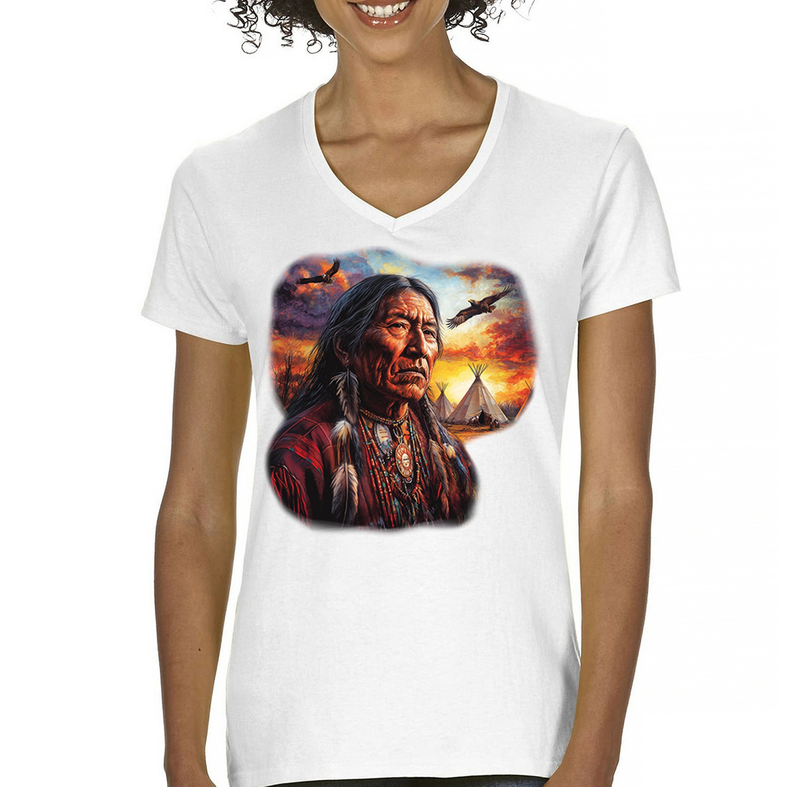 Native American Village Chief Women's V-Neck T-shirt Tribal Warrior Sunset Tee - Picture 30 of 71