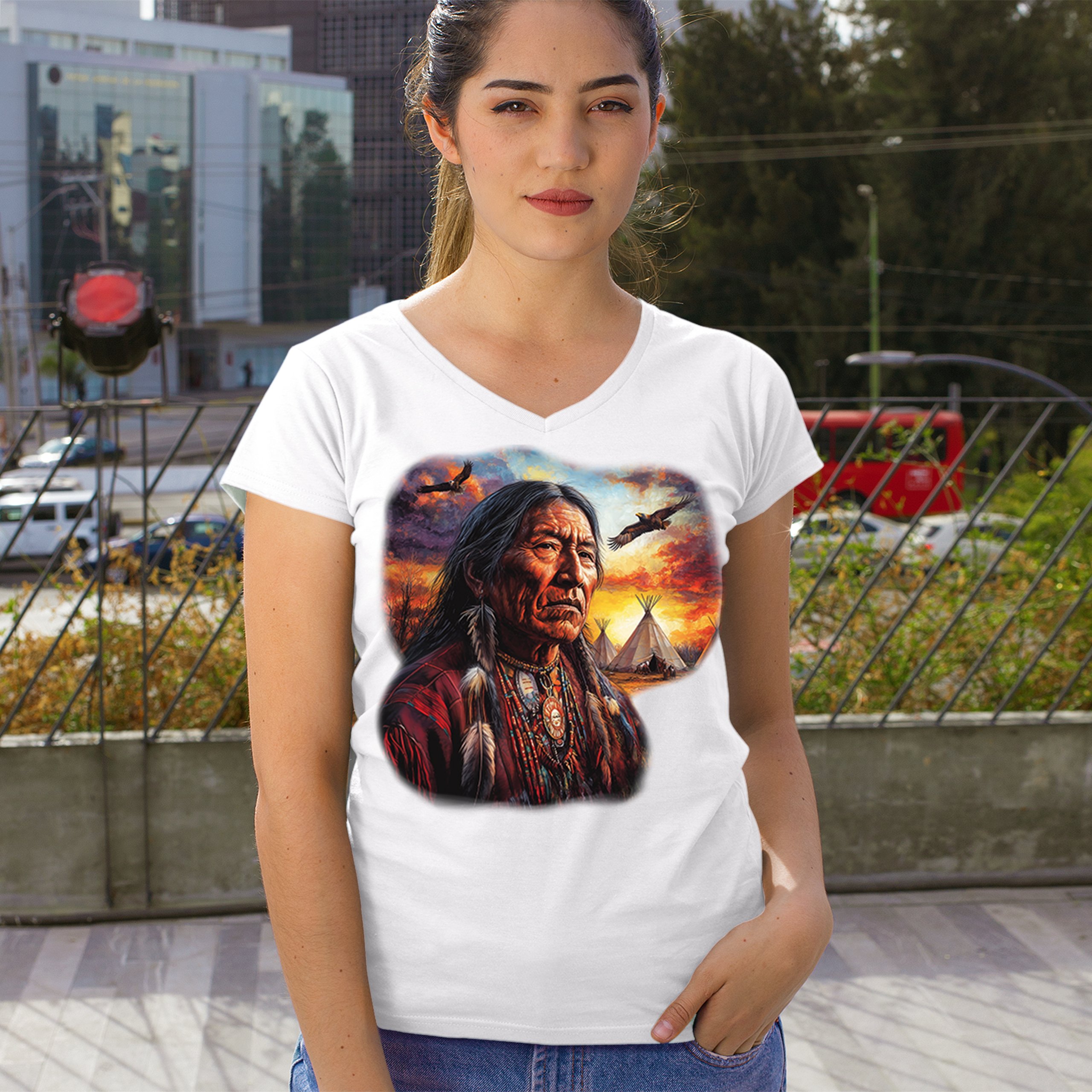 Native American Village Chief Women's V-Neck T-shirt Tribal Warrior Sunset Tee - Picture 33 of 71