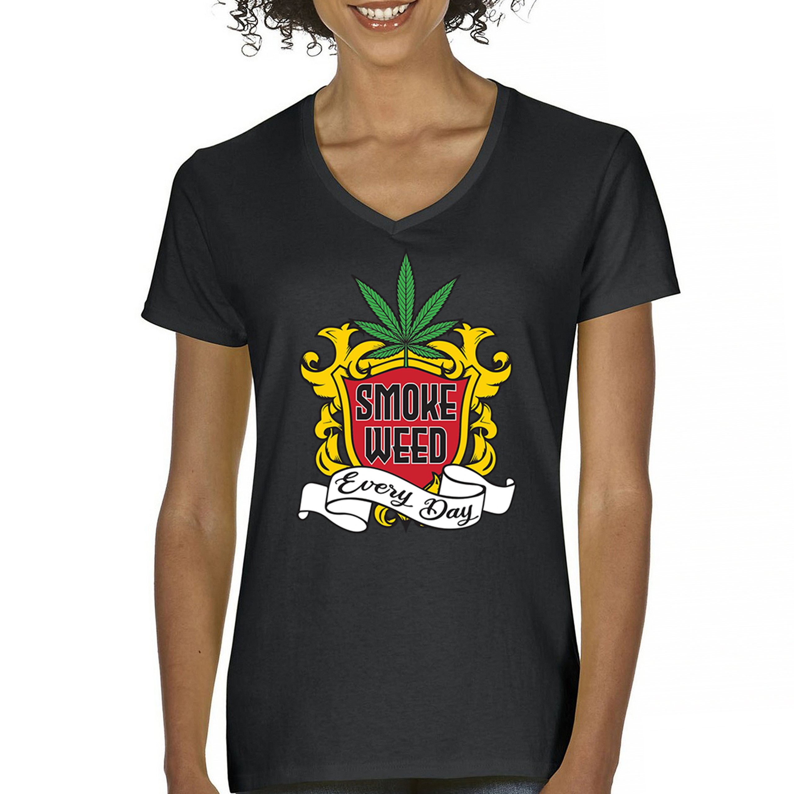 Smoke Weed Every Day Women’s V-Neck T-shirt Cannabis Leaf Stoner Funny 420 Tee