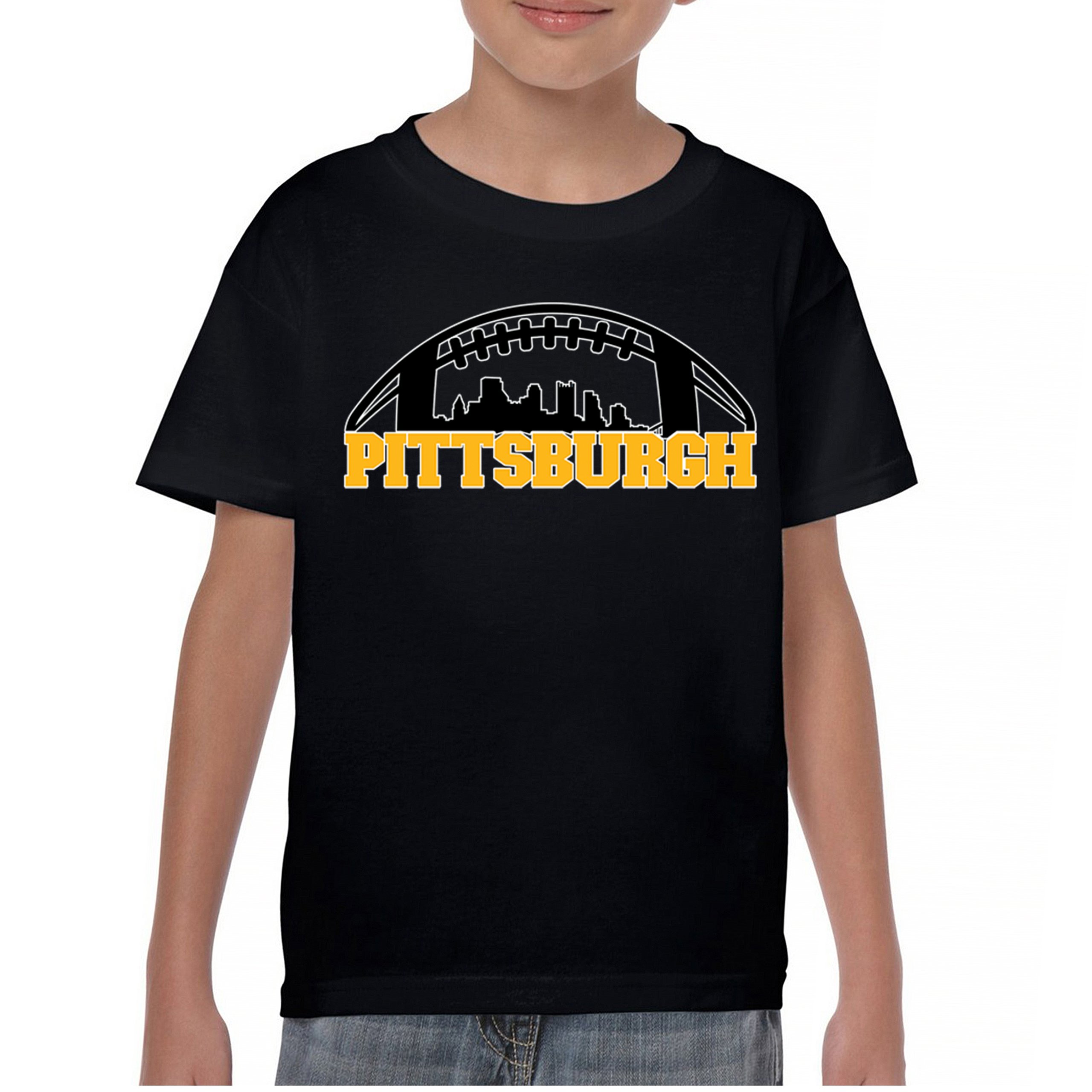 Pittsburgh Skyline Football Youth T-shirt Steel City Bleed Black and Gold Kids - Picture 9 of 50