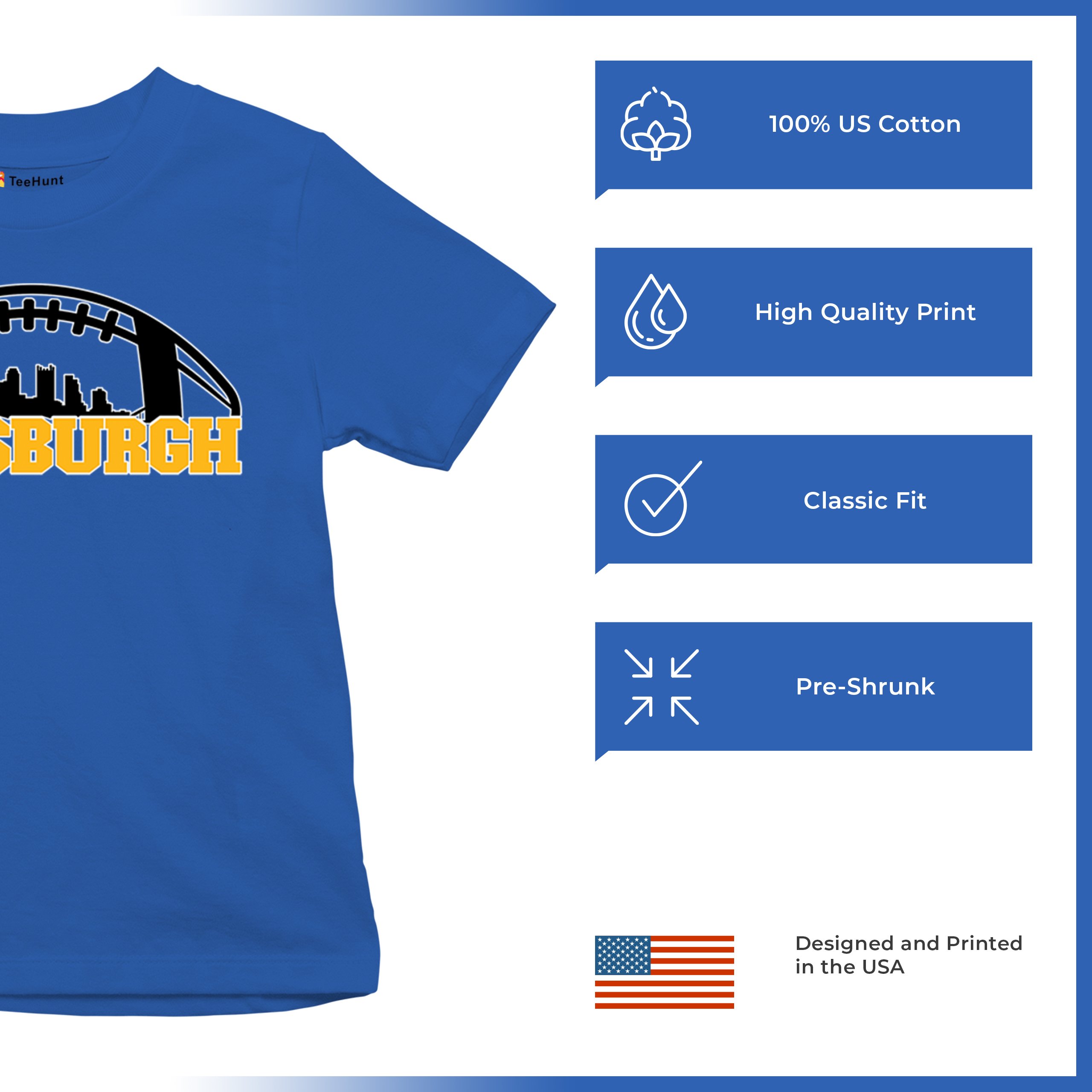 Pittsburgh Skyline Football Youth T-shirt Steel City Bleed Black and Gold Kids - Picture 42 of 50
