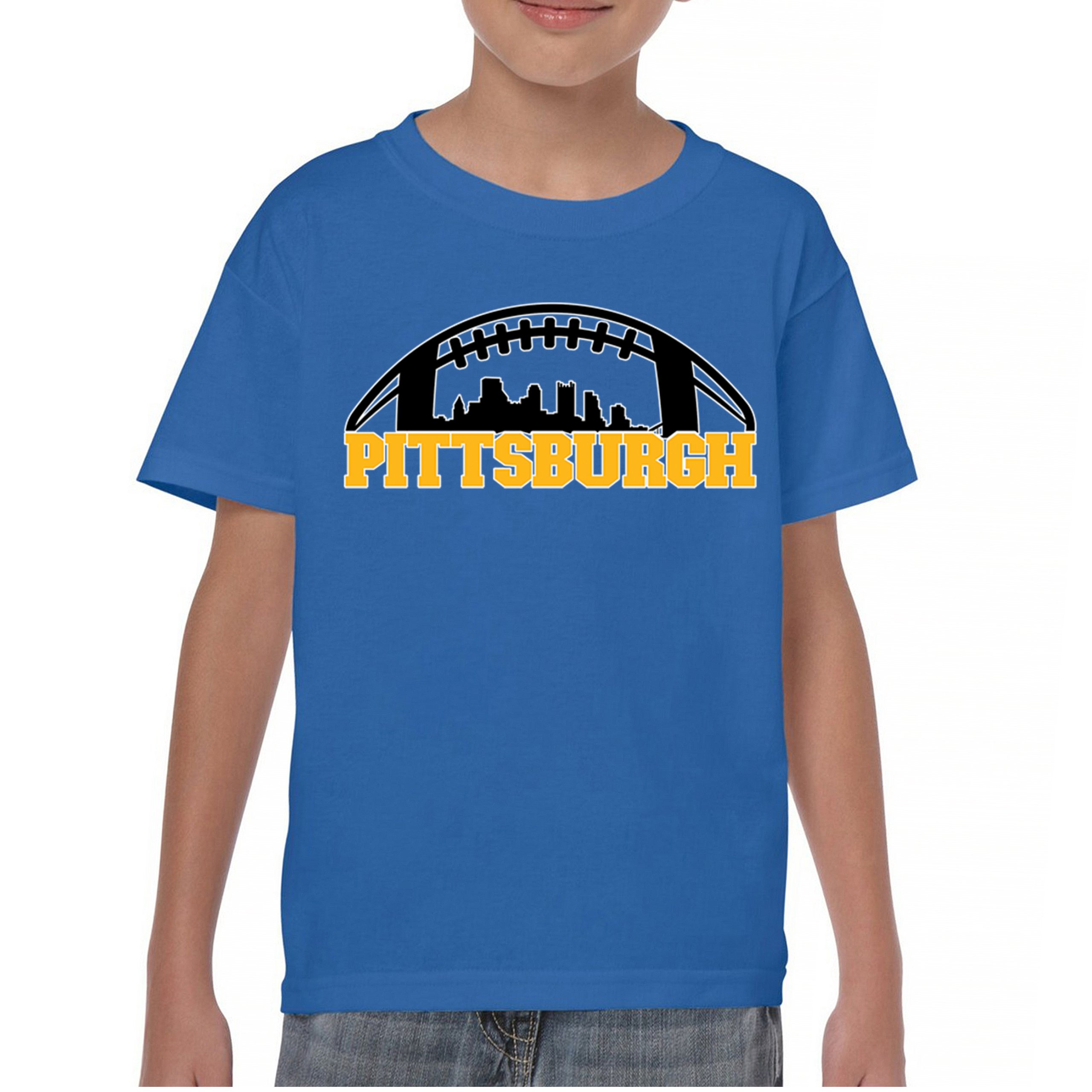 Pittsburgh Skyline Football Youth T-shirt Steel City Bleed Black and Gold Kids - Picture 37 of 50