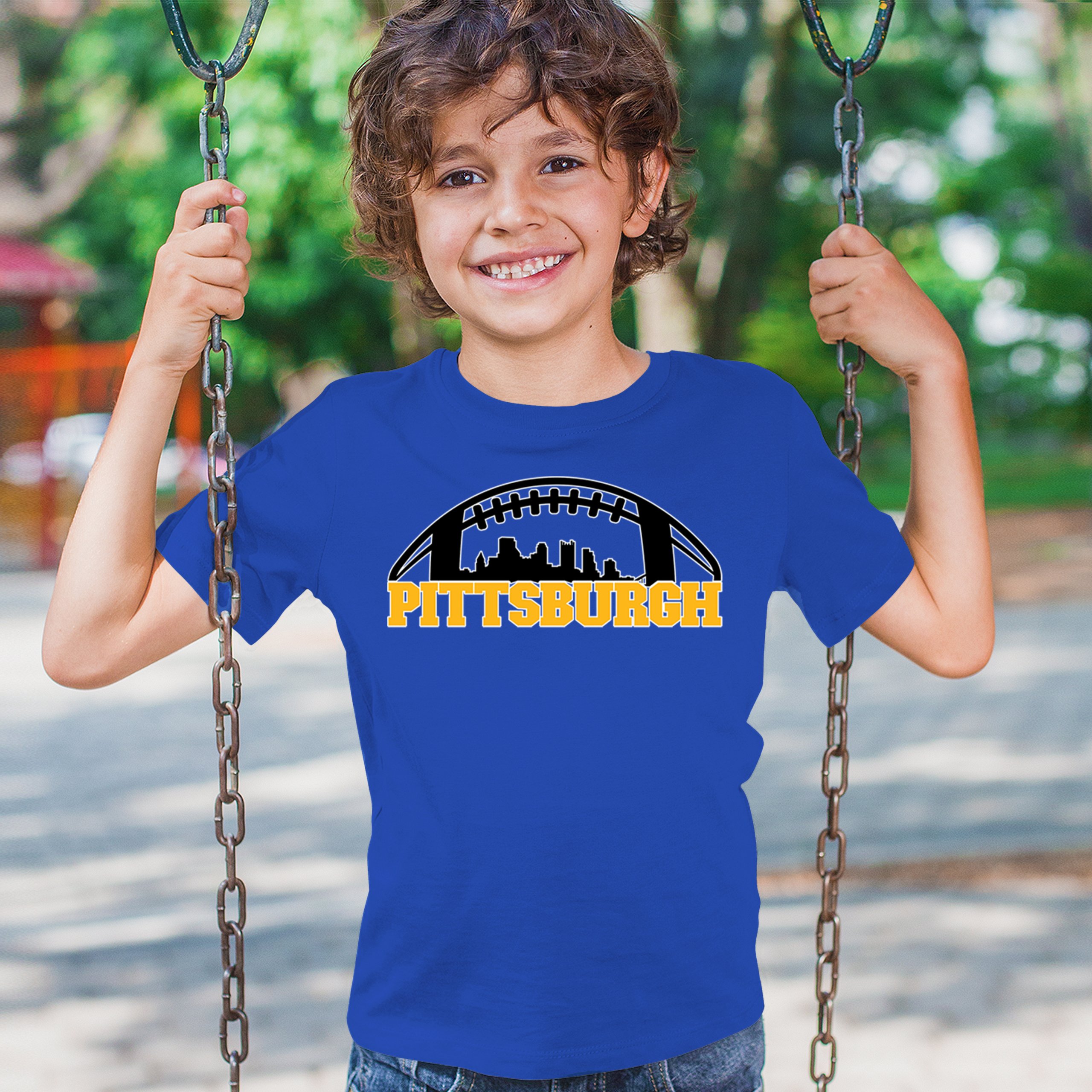 Pittsburgh Skyline Football Youth T-shirt Steel City Bleed Black and Gold Kids - Picture 40 of 50