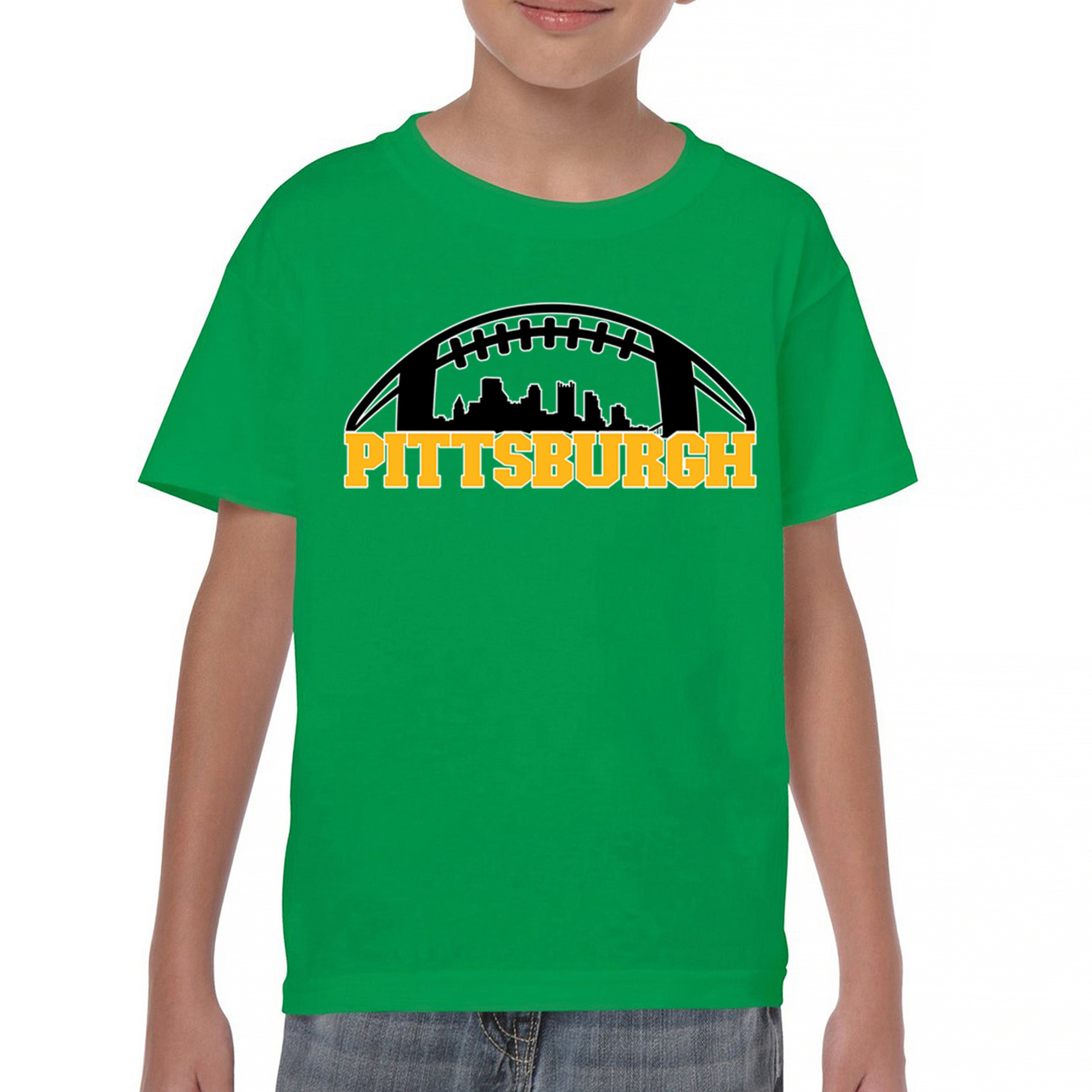 Pittsburgh Skyline Football Youth T-shirt Steel City Bleed Black and Gold Kids - Picture 30 of 50